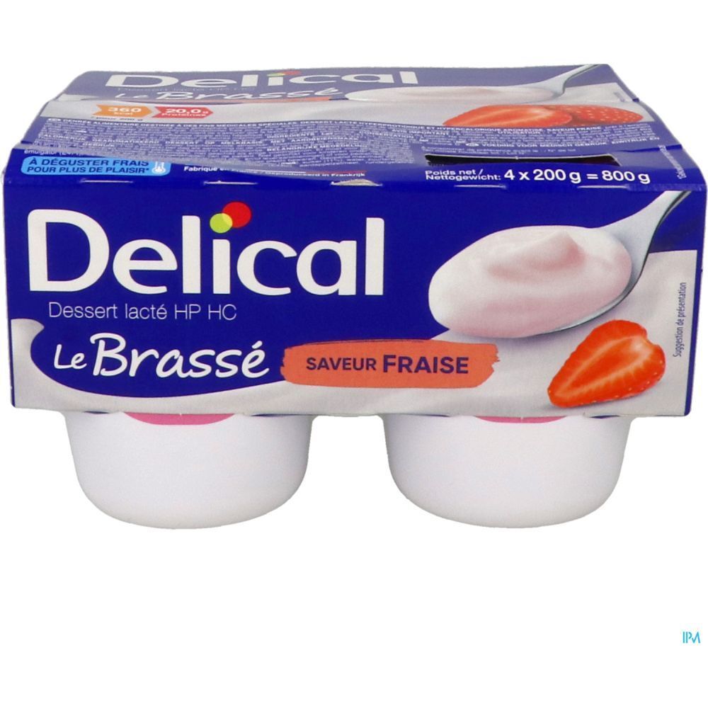 Emballage bleu Delical Dessert lacté HPHC Le Brassé Saveur Fraise. Quatre pots dans un emballage.