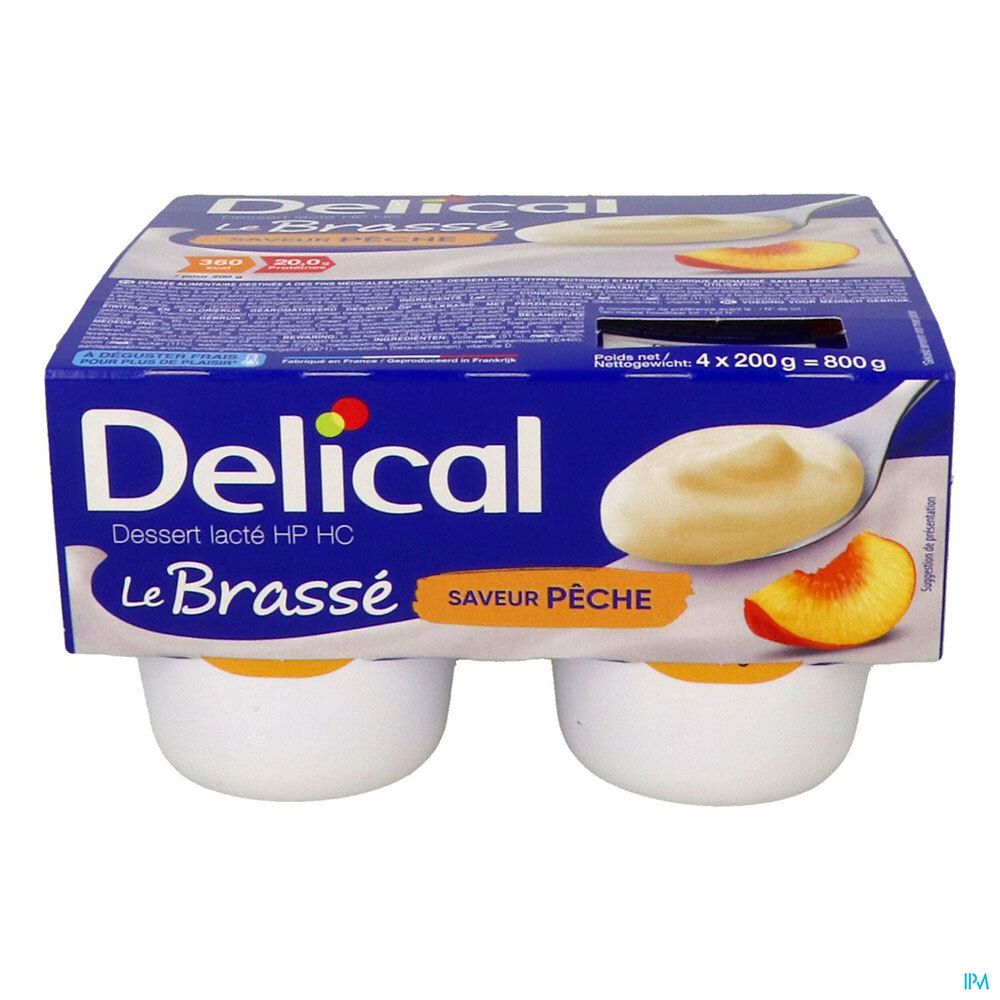 Emballage de quatre pots de Delical Dessert lacté HPHC Le Brassé Saveur Pêche. Nom du produit et illustration de pêche.