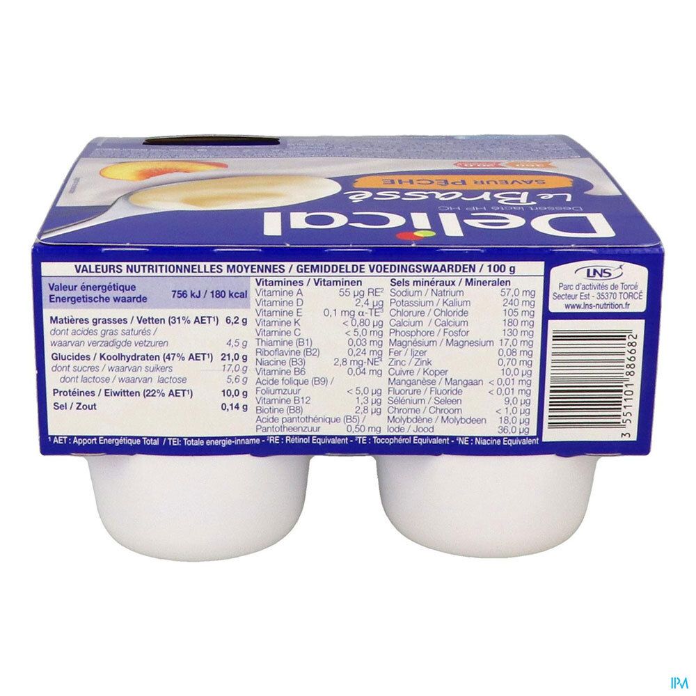 Dos de l'emballage avec informations nutritionnelles pour Delical Dessert lacté HPHC Le Brassé Saveur Pêche. Texte multilingue.