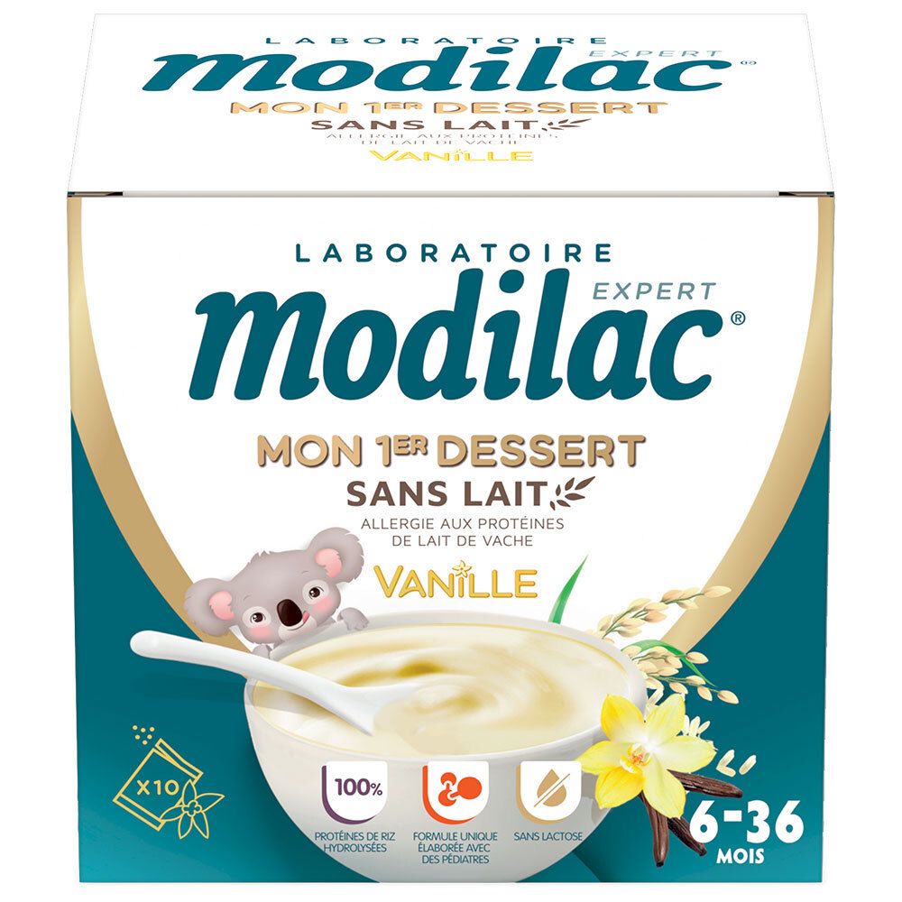 Boîte Modilac. Inscription : Mon 1er dessert sans lait vanille. Illustration : Koala, dessert en bol, fleur de vanille.