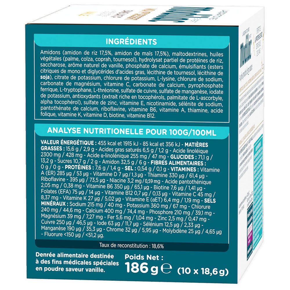 Modilac Mon 1er Dessert Sans Lait Vanille: Ingrédients et valeurs nutritionnelles du dessert de riz sans lait.