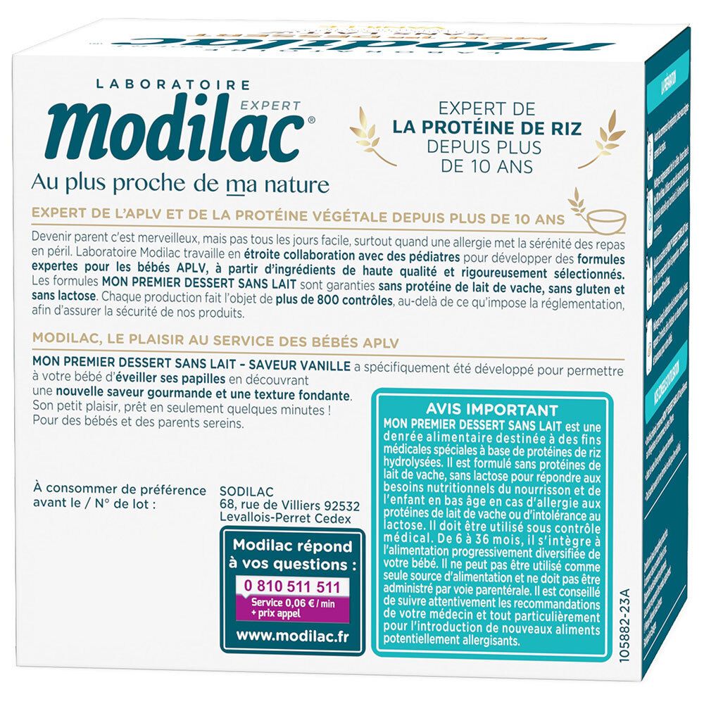 Modilac Mon 1er Dessert Sans Lait Vanille: Informations sur le dessert de riz sans lait pour bébés.