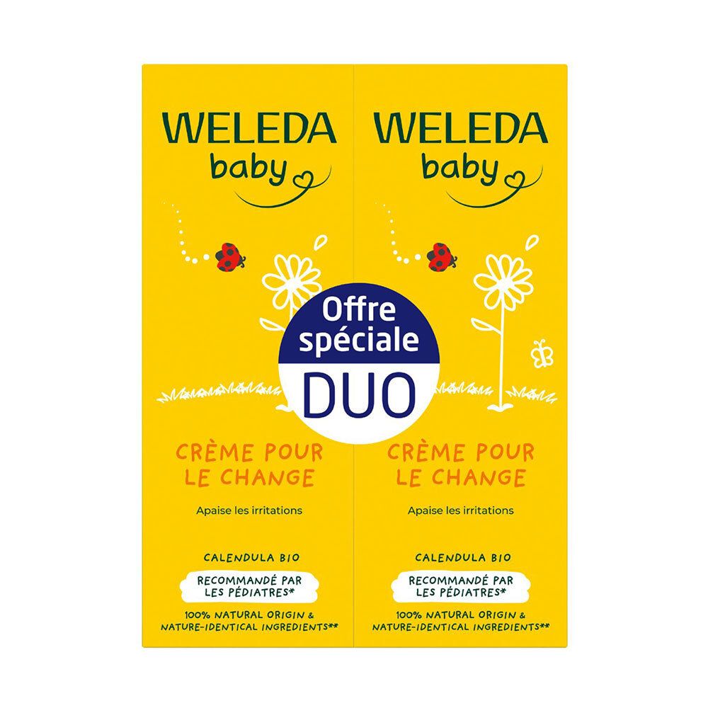 Deux boîtes jaunes. Inscription: WELEDA baby, Crème pour le Change, Calendula. Pack Duo avec autocollant.