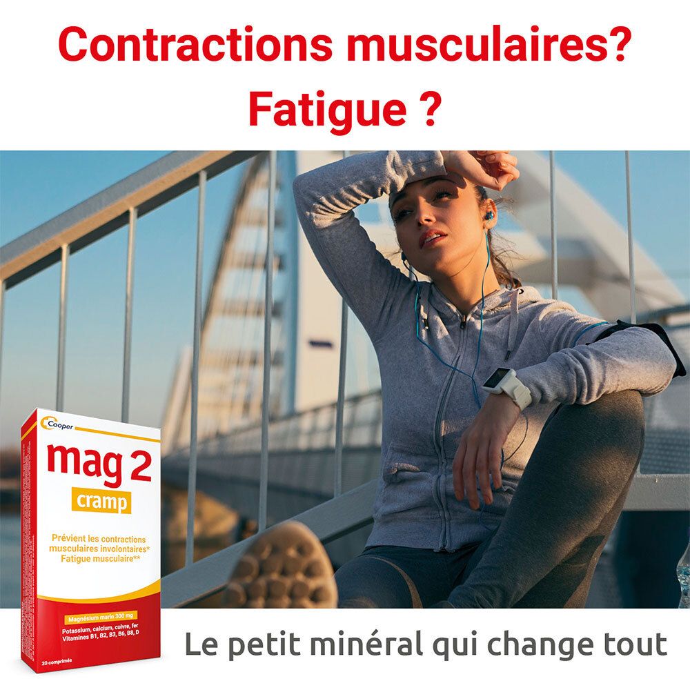 MAG 2 Cramp à base de magnésium marin, calcium, fer, potassium, cuivre - complément alimentaire - 30 comprimés