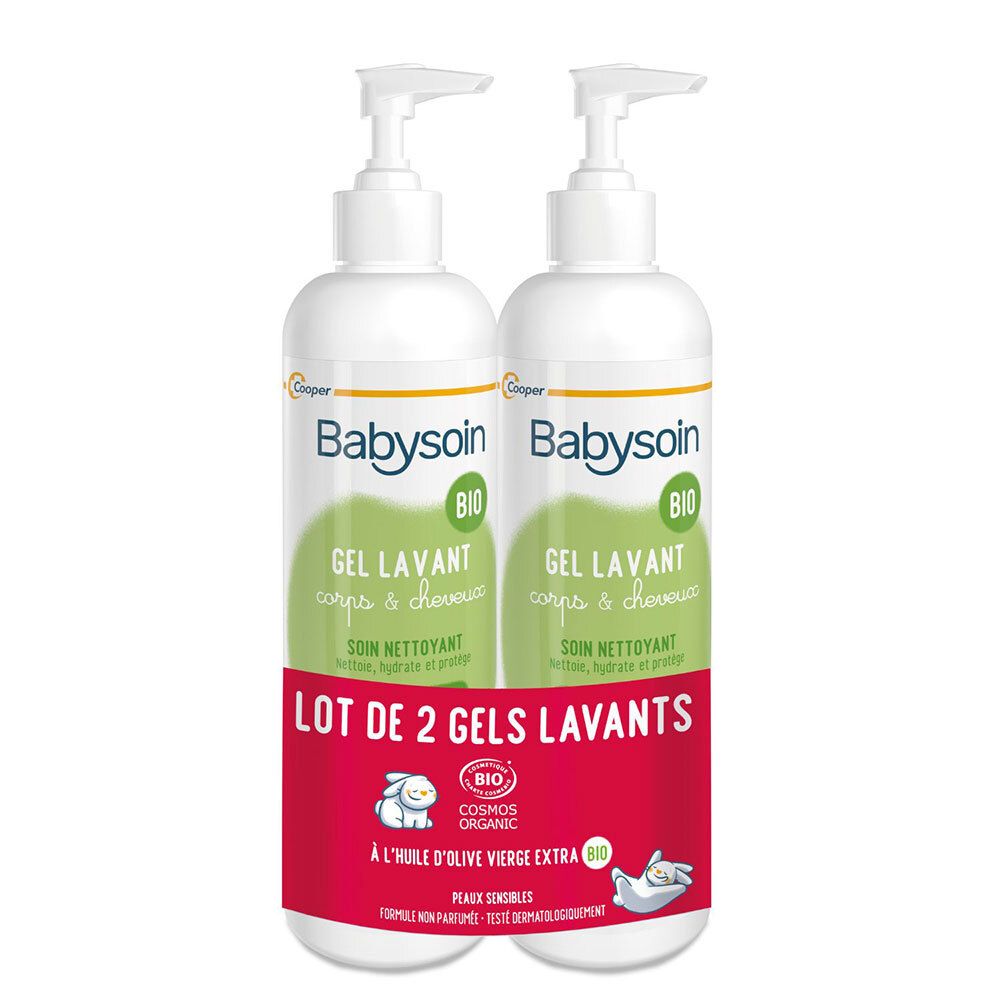 Deux flacons blancs avec pompe. Inscription: Babysoin BIO Gel Lavant. Étiquette rouge: LOT DE 2 GELS LAVANTS.