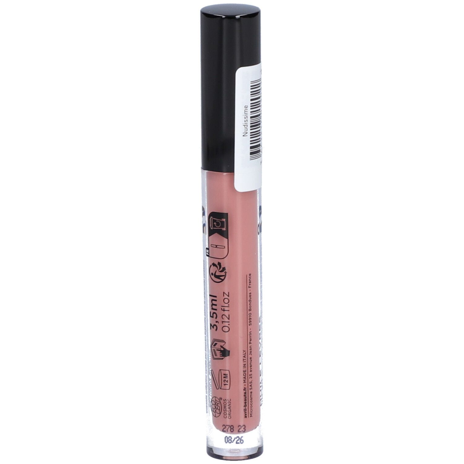 Huile lèvres en tube transparent, bouchon noir. Inscription: 3,5ml, 0.12 fl oz. Date de péremption.