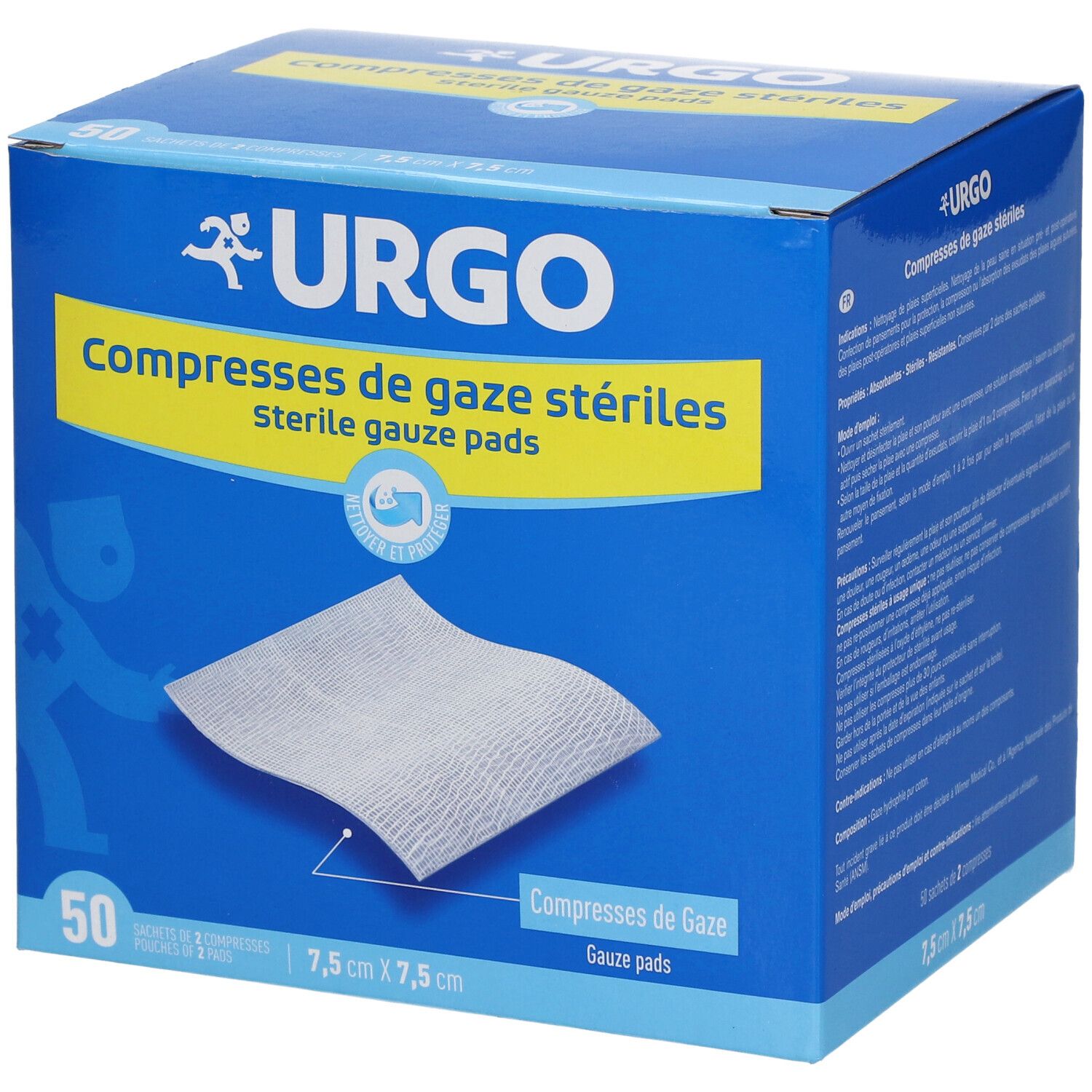 Boîte bleue et blanche URGO. Compresses de gaze stériles. Une compresse est visible. Dimensions : 7,5 cm x 7,5 cm. 50 compresses.
