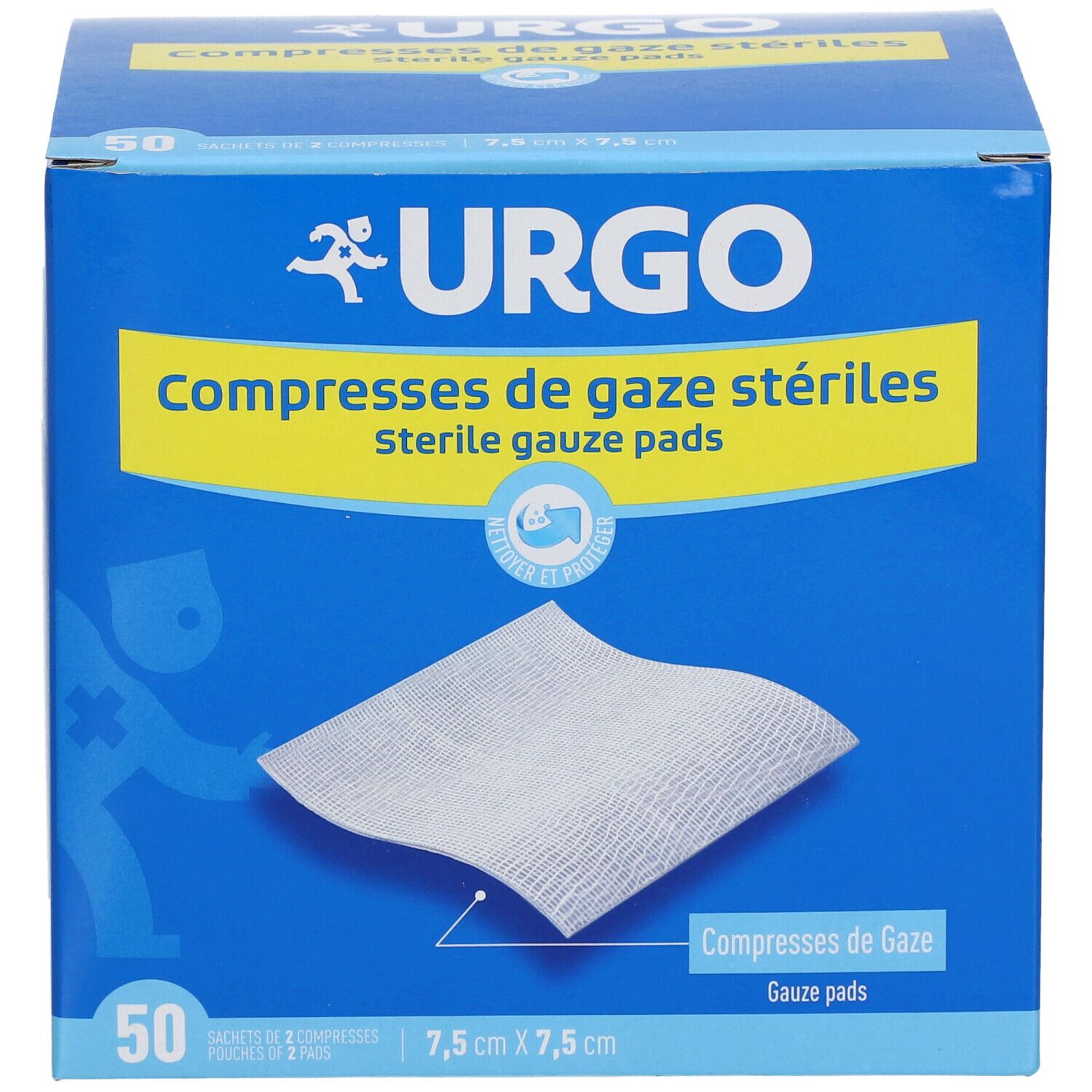 Boîte bleue et blanche URGO. Compresses de gaze stériles. Une compresse est visible. Dimensions : 7,5 cm x 7,5 cm. 50 pièces.