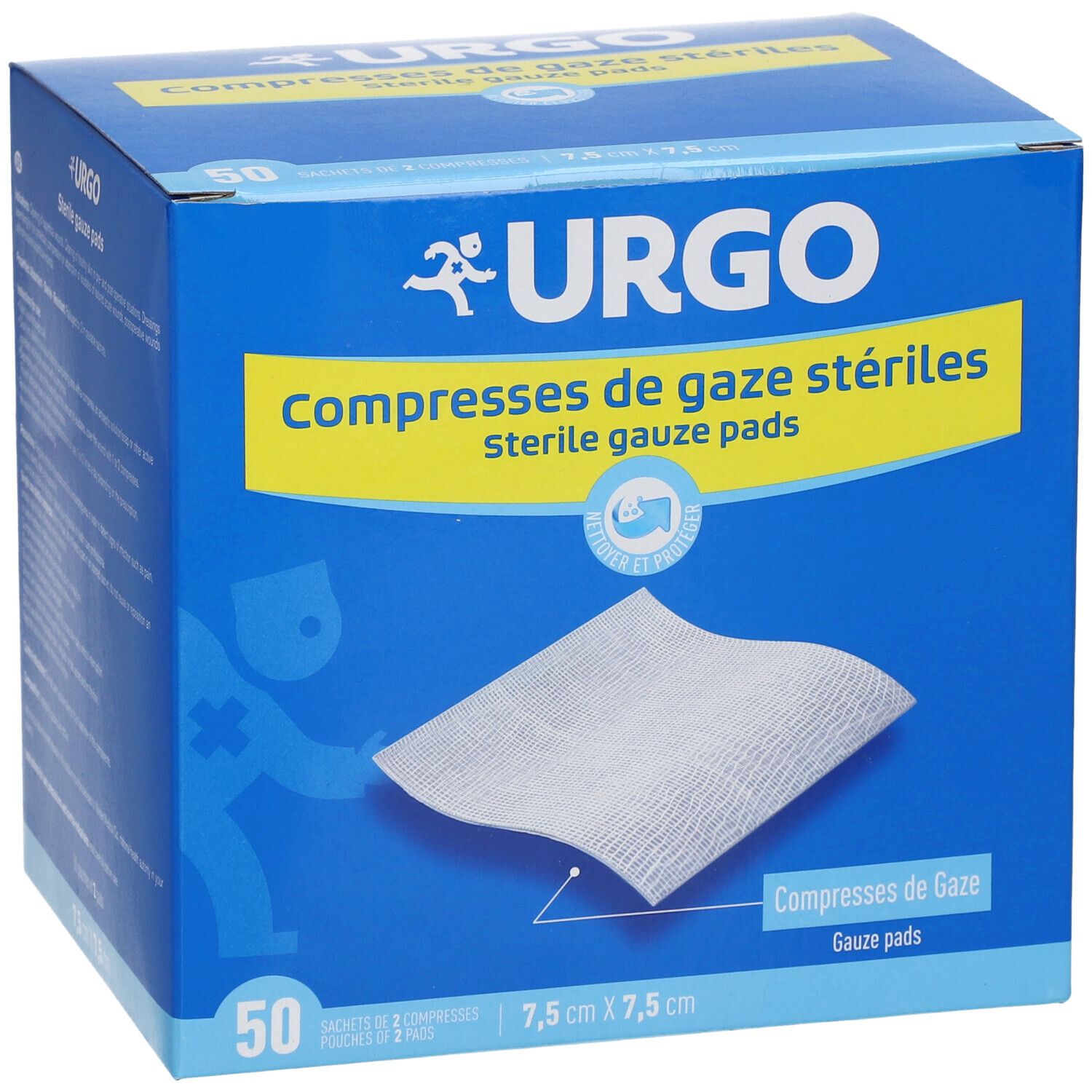 Boîte bleue et blanche URGO. Compresses de gaze stériles. 50 pièces, 7,5 cm x 7,5 cm. Une compresse est visible.
