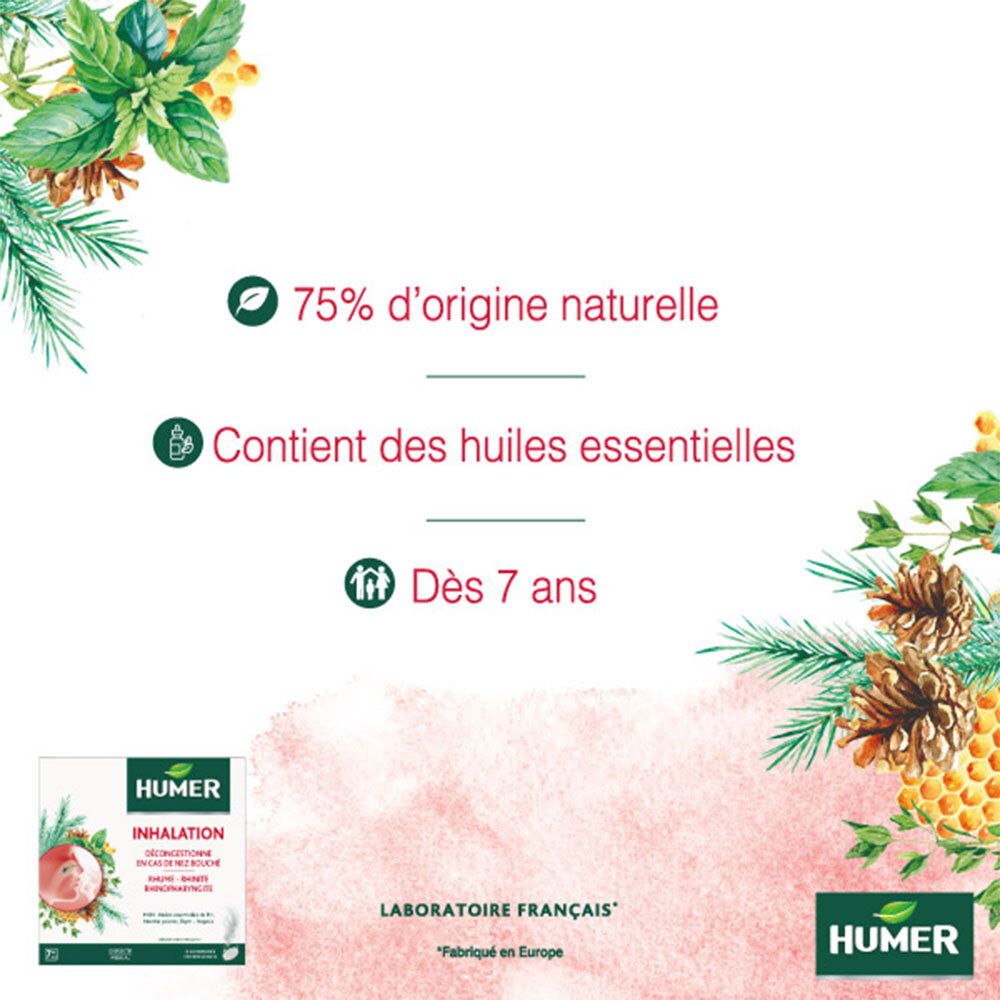 HUMER Inhalation : 75% d'origine naturelle, contient des huiles essentielles, dès 7 ans. Laboratoire français.