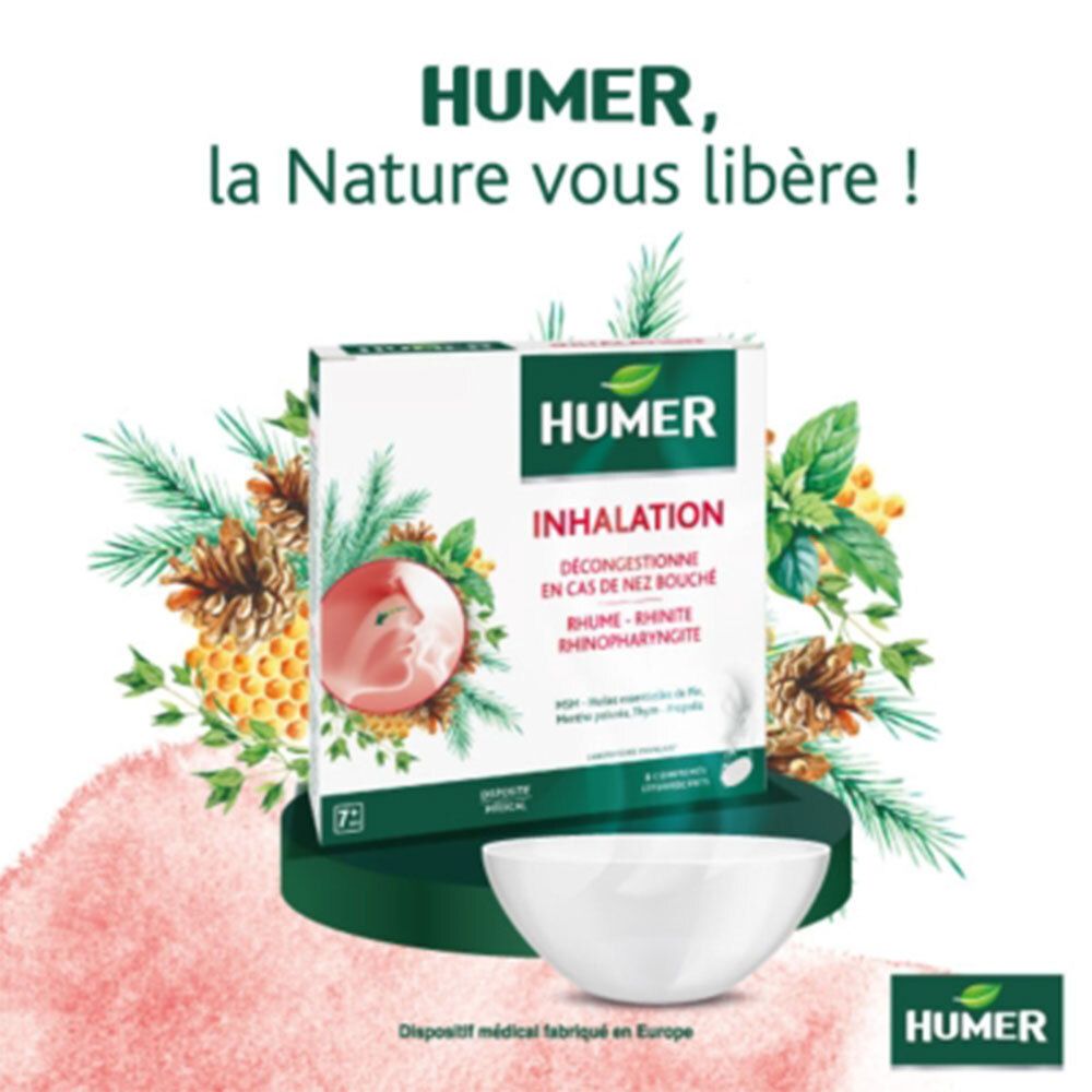 Boîte HUMER Inhalation sur un socle, avec un bol à côté. Entourée de branches de sapin et de plantes.