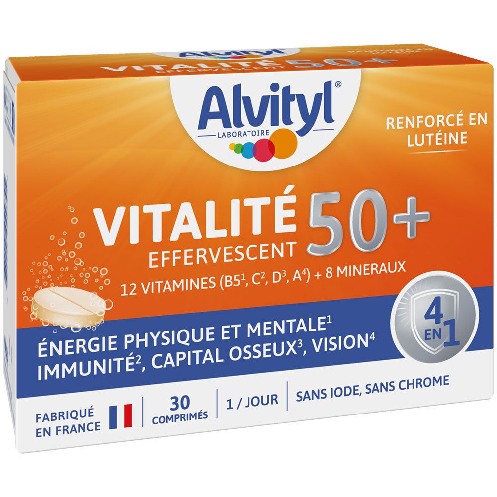 Boîte ALVITYL Vitalité 50+. Design orange et blanc. Contient 30 comprimés effervescents. Avec vitamines et minéraux. Fabriqué en France.