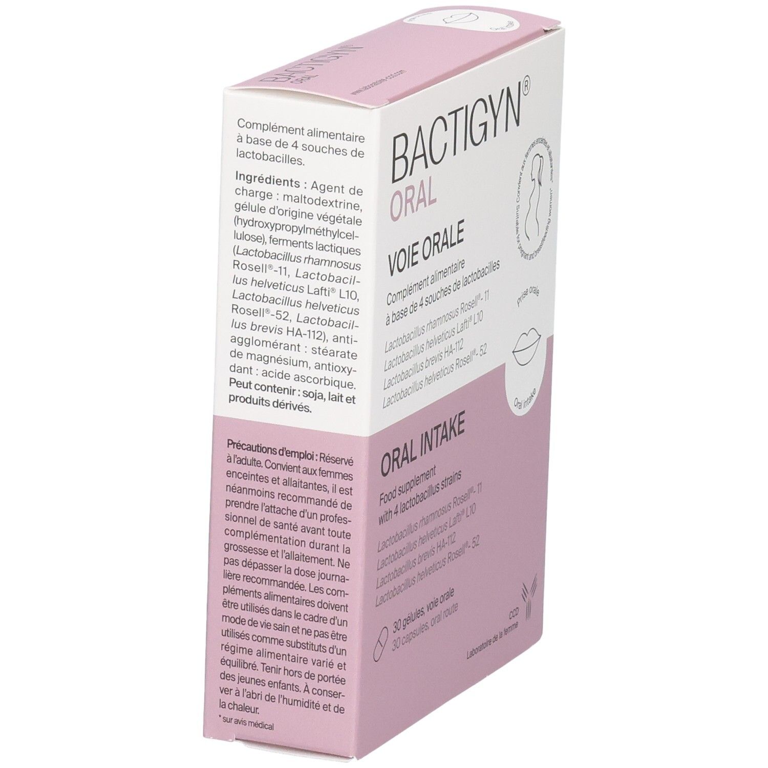 Arrière boîte BACTIGYN ORAL avec liste des ingrédients et précautions.