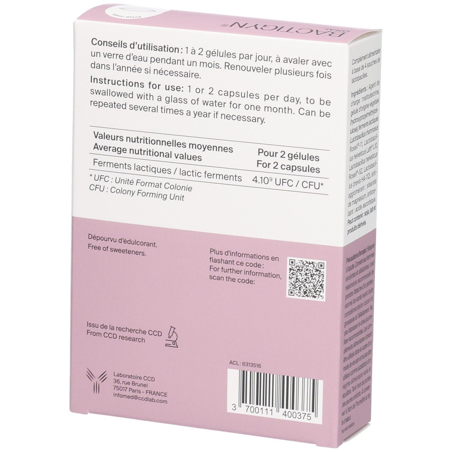 Arrière boîte BACTIGYN ORAL avec conseils d'utilisation et valeurs nutritionnelles.