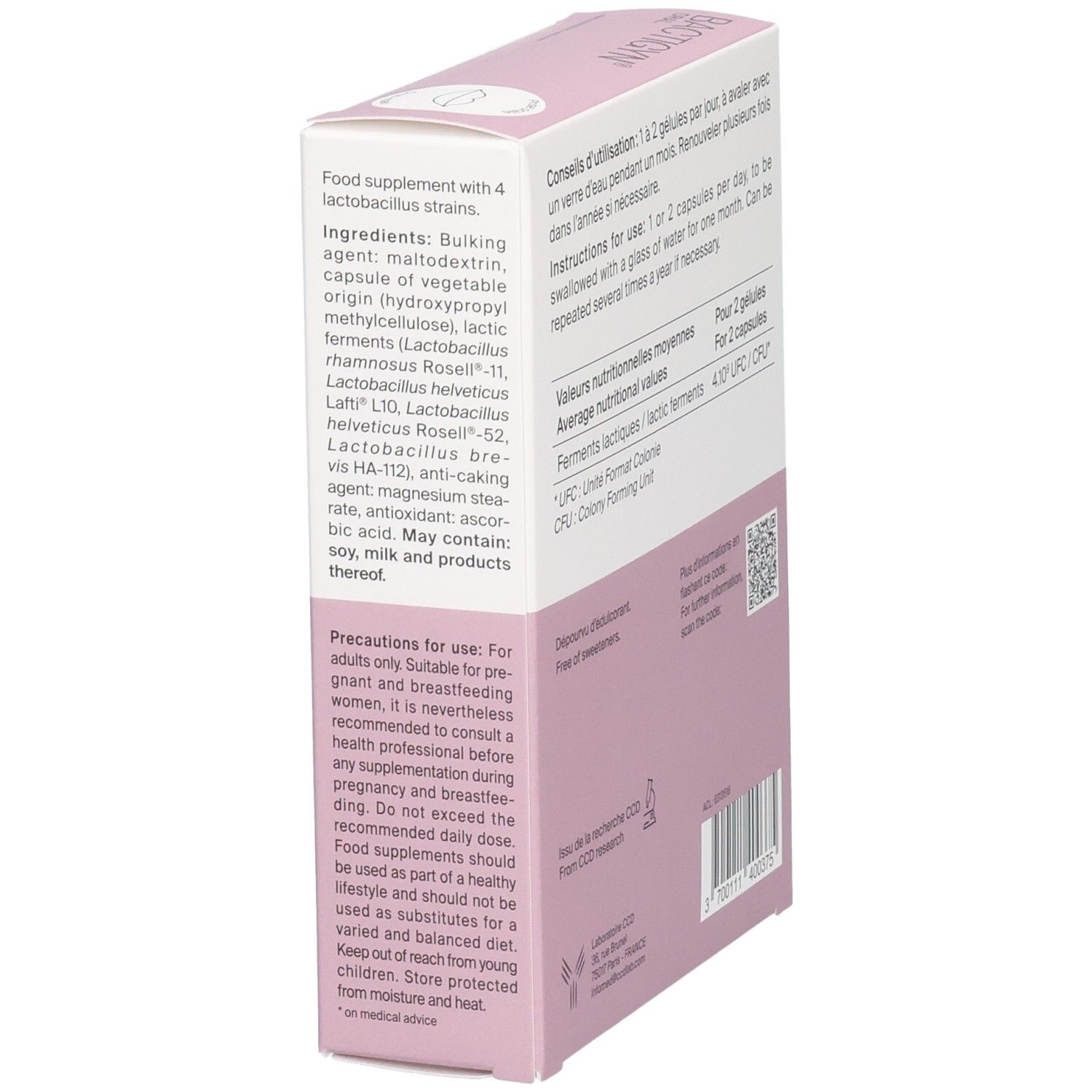 Côté boîte BACTIGYN ORAL avec ingrédients, précautions et usage.