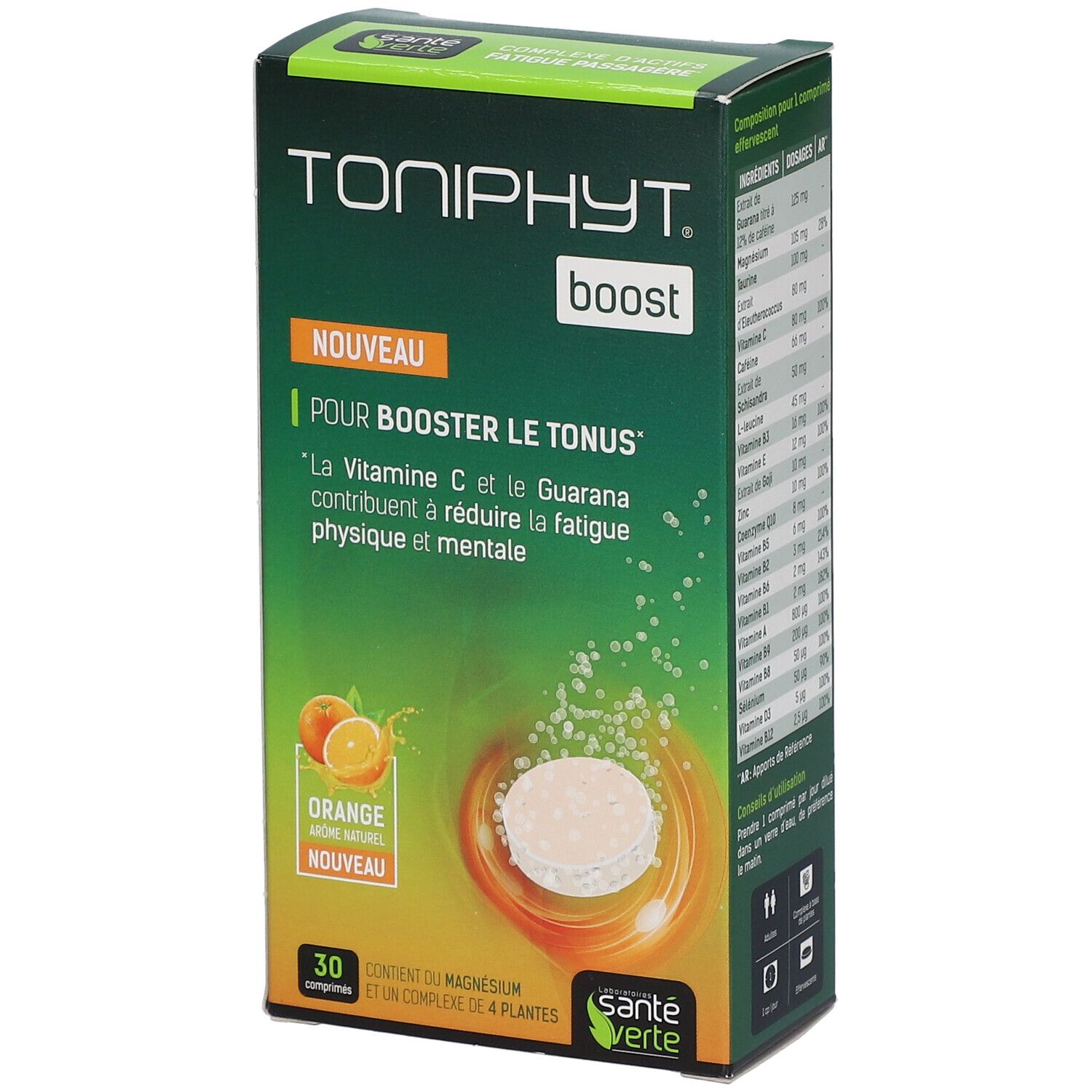 Boîte TONIPHYT Boost Orange. Boîte verte et orange avec nom du produit, comprimé et illustration d'oranges.