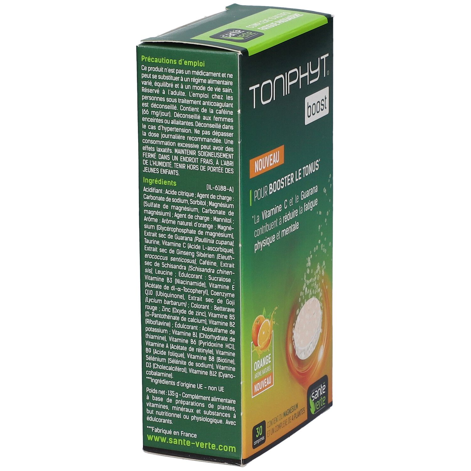 Vue latérale de la boîte TONIPHYT Boost Orange. Boîte verte avec texte et liste des ingrédients.