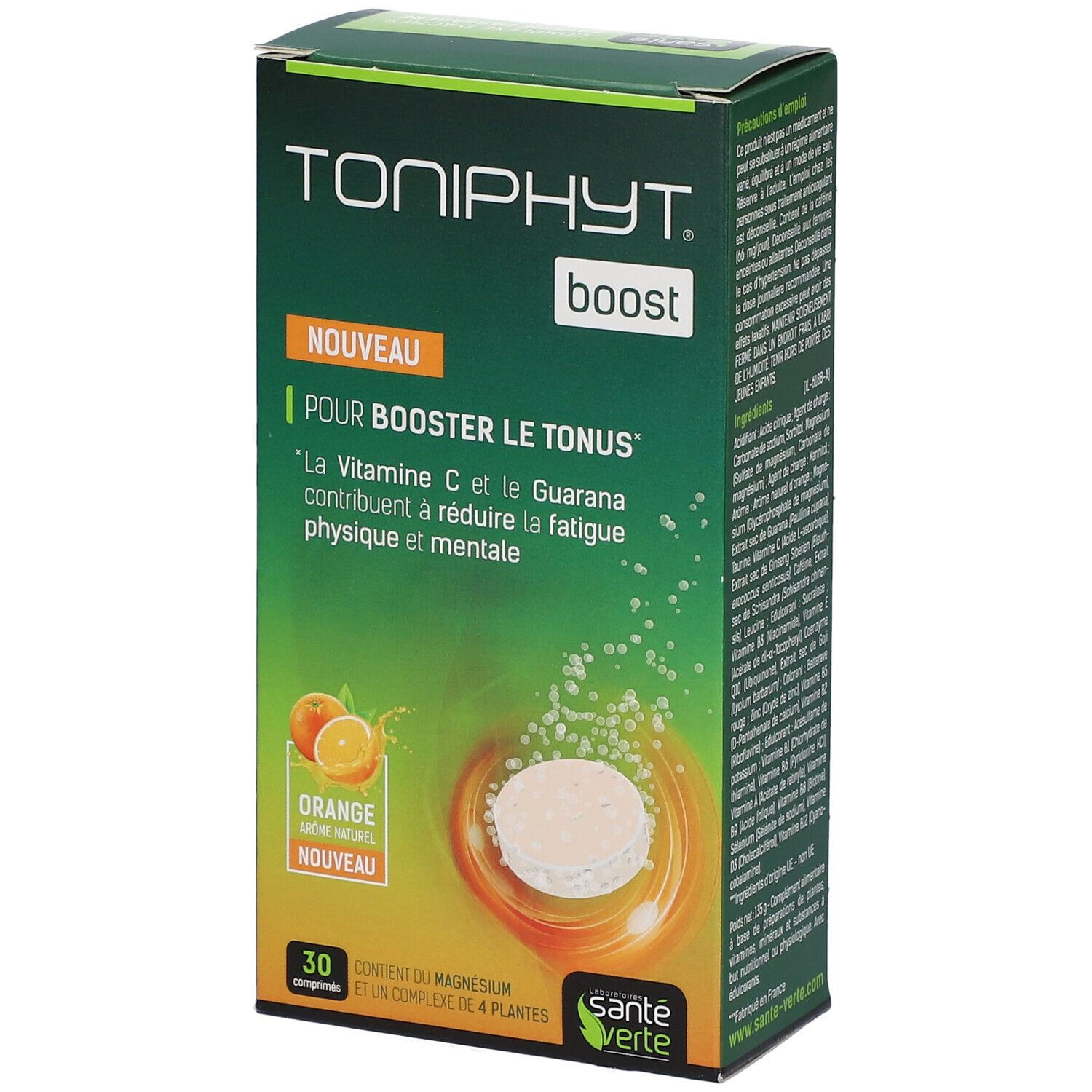 Boîte TONIPHYT Boost Orange. Boîte verte et orange avec nom du produit, comprimé et illustration d'oranges.
