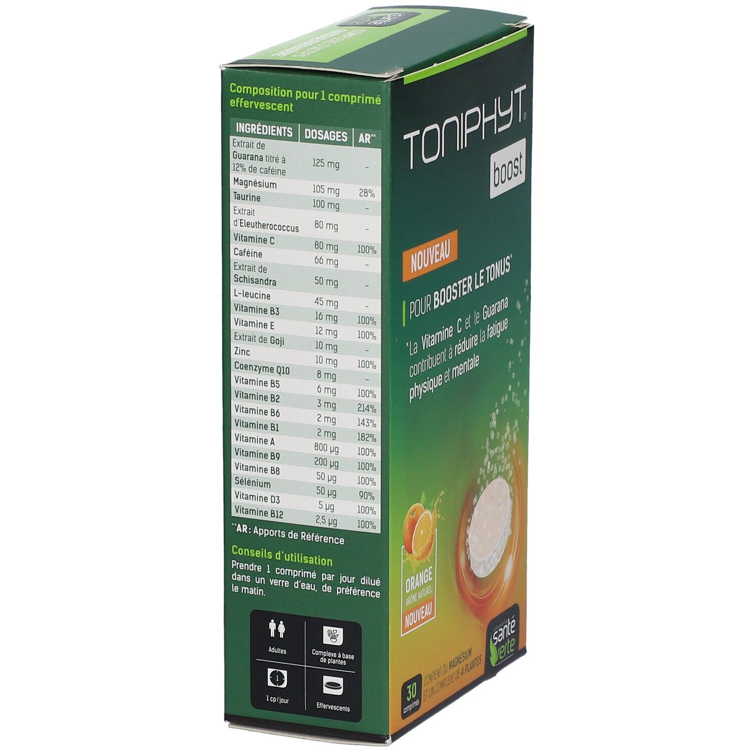 Vue latérale de la boîte TONIPHYT Boost Orange. Boîte verte avec informations sur les ingrédients et le dosage.