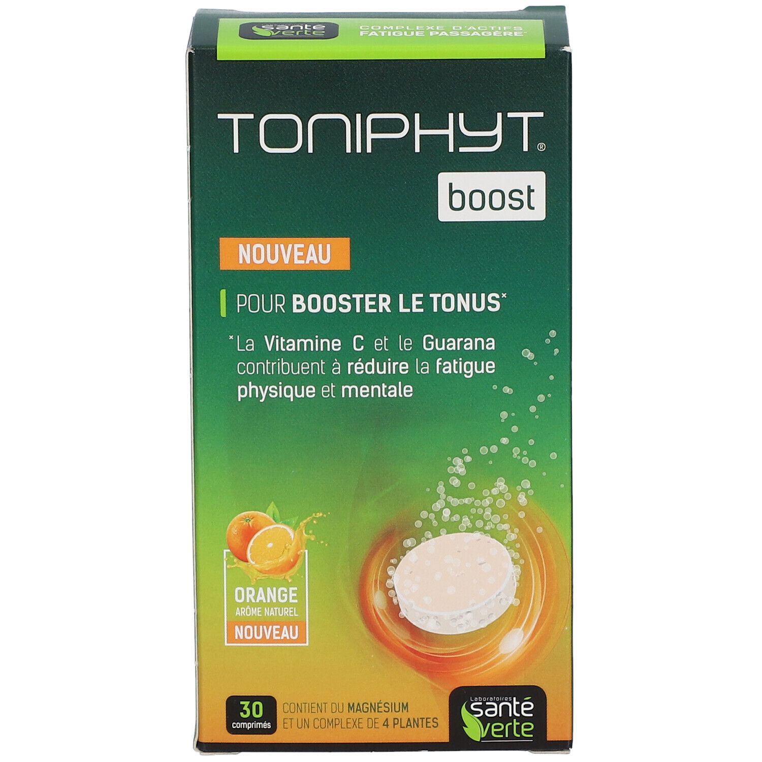 Boîte TONIPHYT Boost Orange. Boîte verte et orange avec nom du produit, comprimé et illustration d'oranges.