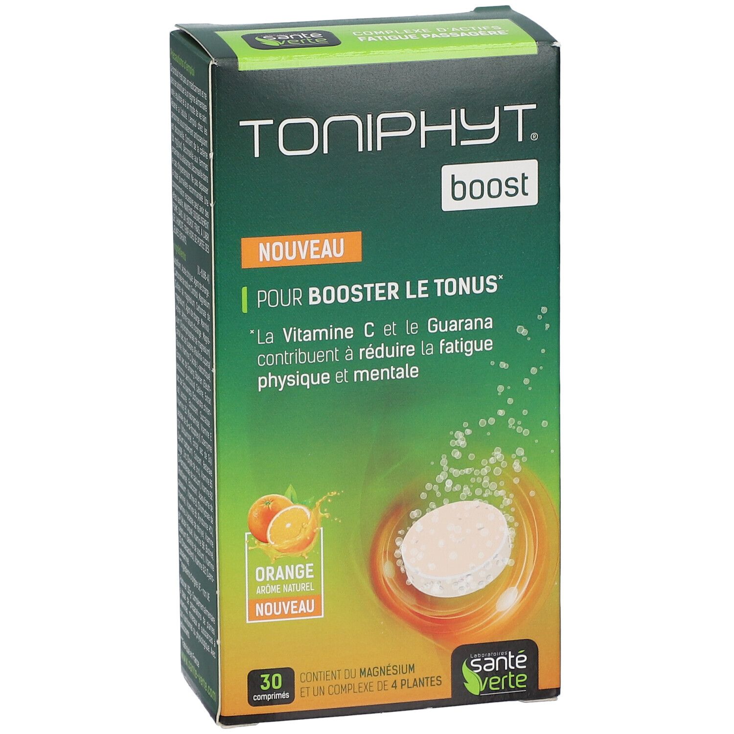 Boîte TONIPHYT Boost Orange. Boîte verte et orange avec nom du produit, comprimé et illustration d'oranges.