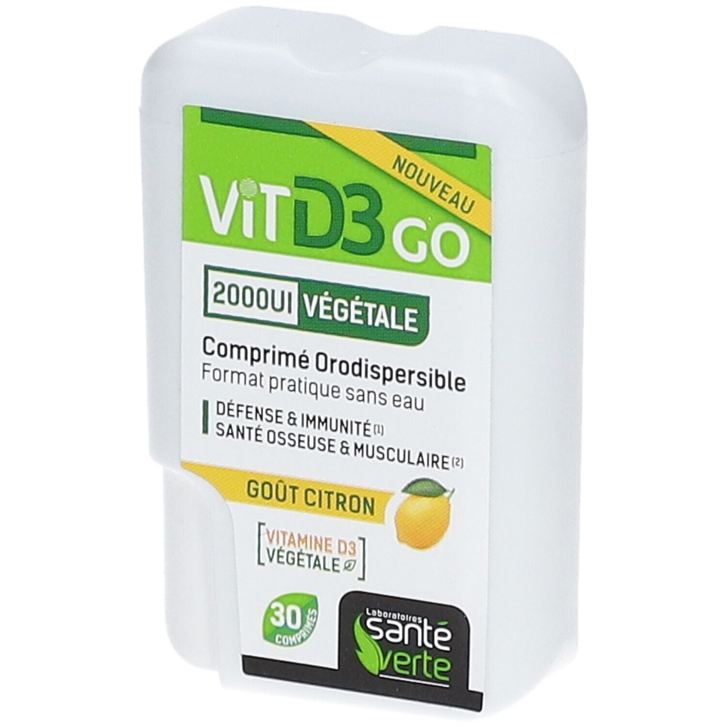 Boîte blanche rectangulaire avec étiquette verte. Inscription: Vit D3 GO, 2000UI, végétale. Goût citron. 30 comprimés. Marque: Santé Verte.
