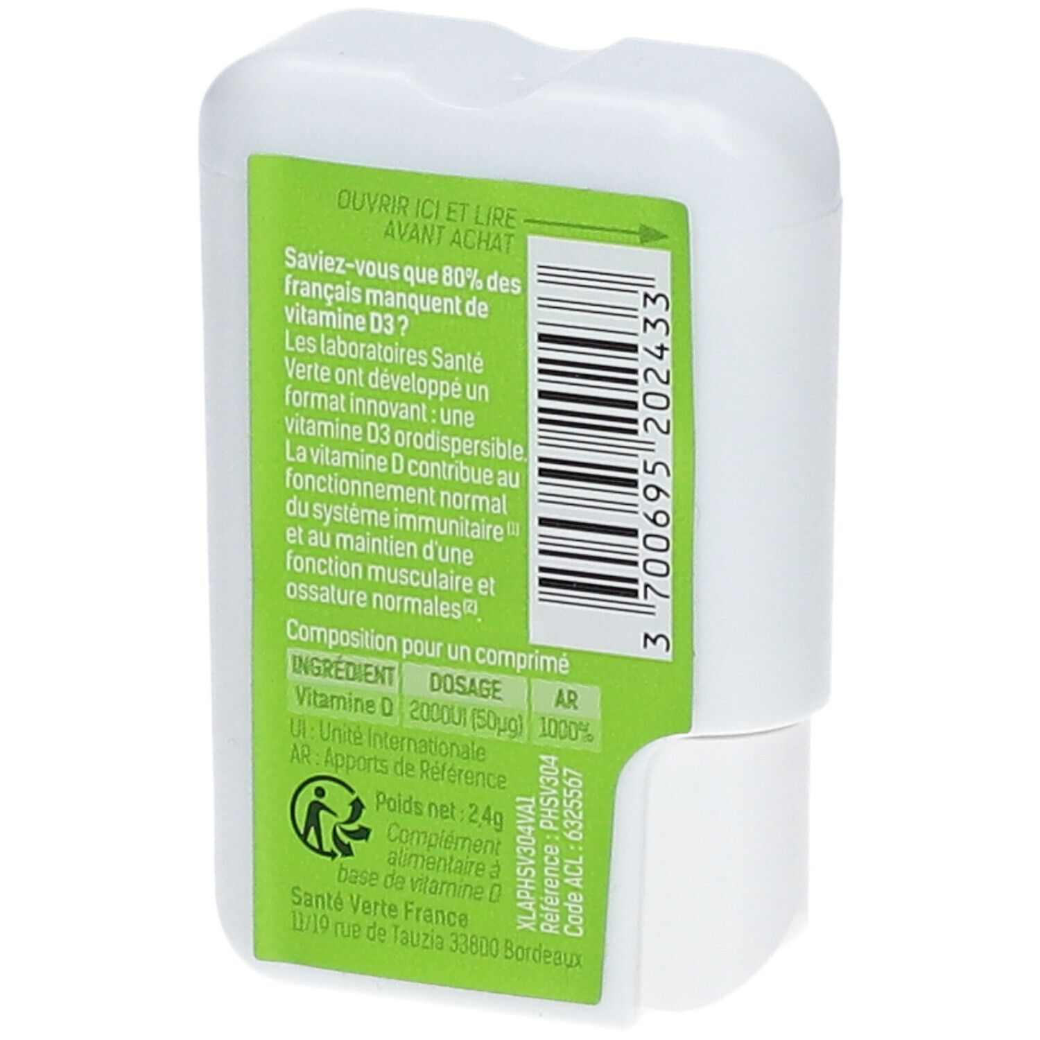 Dos d'une boîte blanche rectangulaire. Étiquette verte avec texte et code-barres. Contient des informations sur la vitamine D3 et Santé Verte.