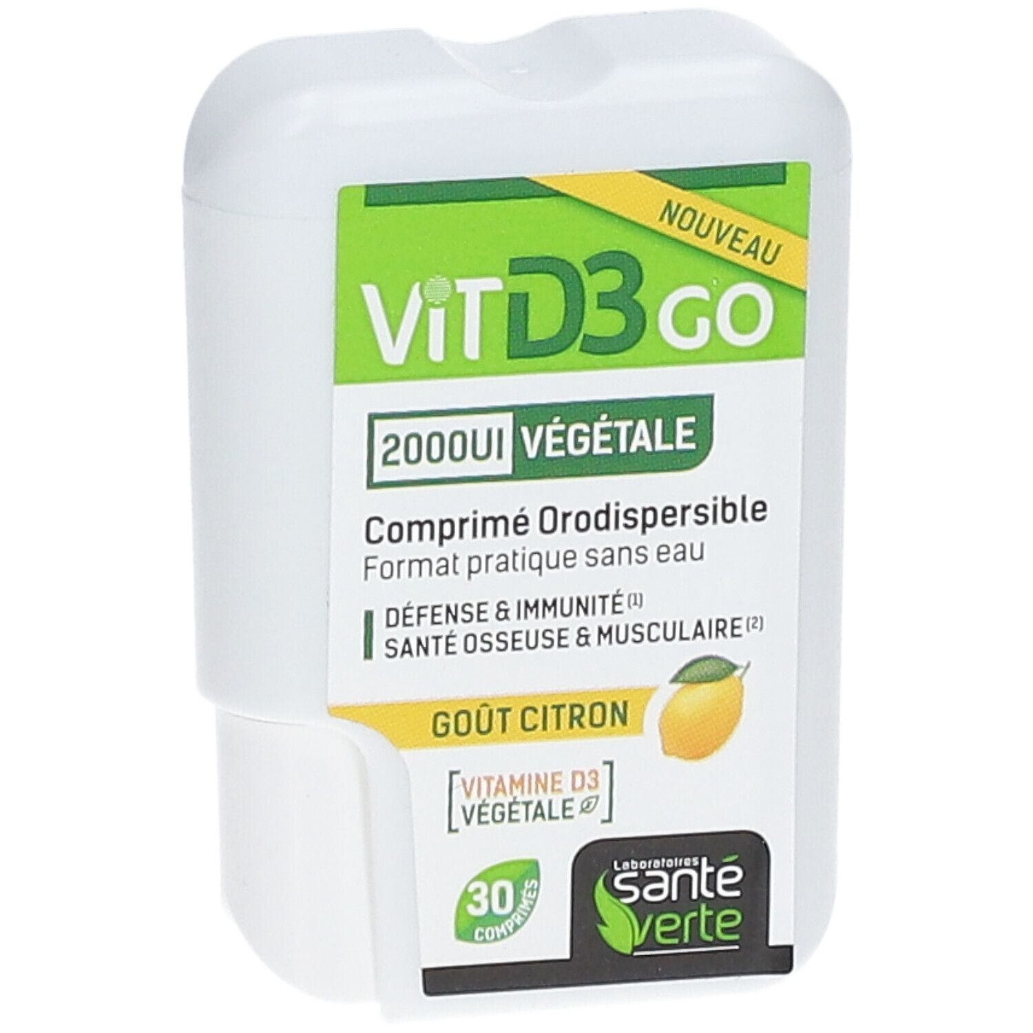 Boîte blanche rectangulaire avec étiquette verte. Inscription: Vit D3 GO, 2000UI, végétale. Goût citron. 30 comprimés. Marque: Santé Verte.
