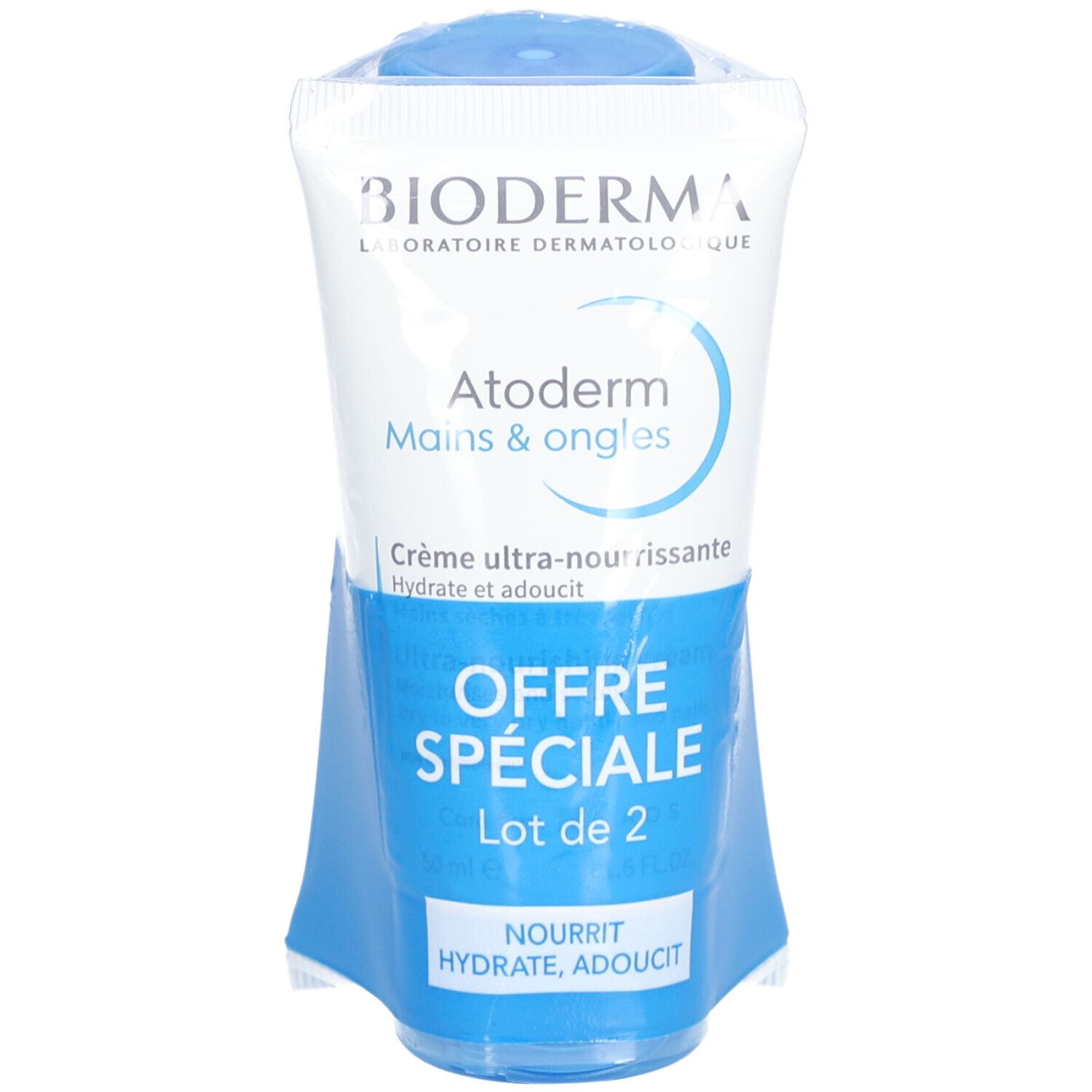 Tube de crème mains et ongles Bioderma Atoderm dans un support bleu. Inscription "Offre Spéciale" et "Lot de 2" visibles.