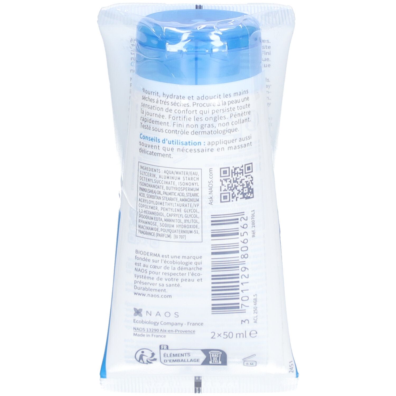 Dos du tube de crème mains et ongles Bioderma Atoderm. Texte et code QR sur fond blanc. 2x50 ml.