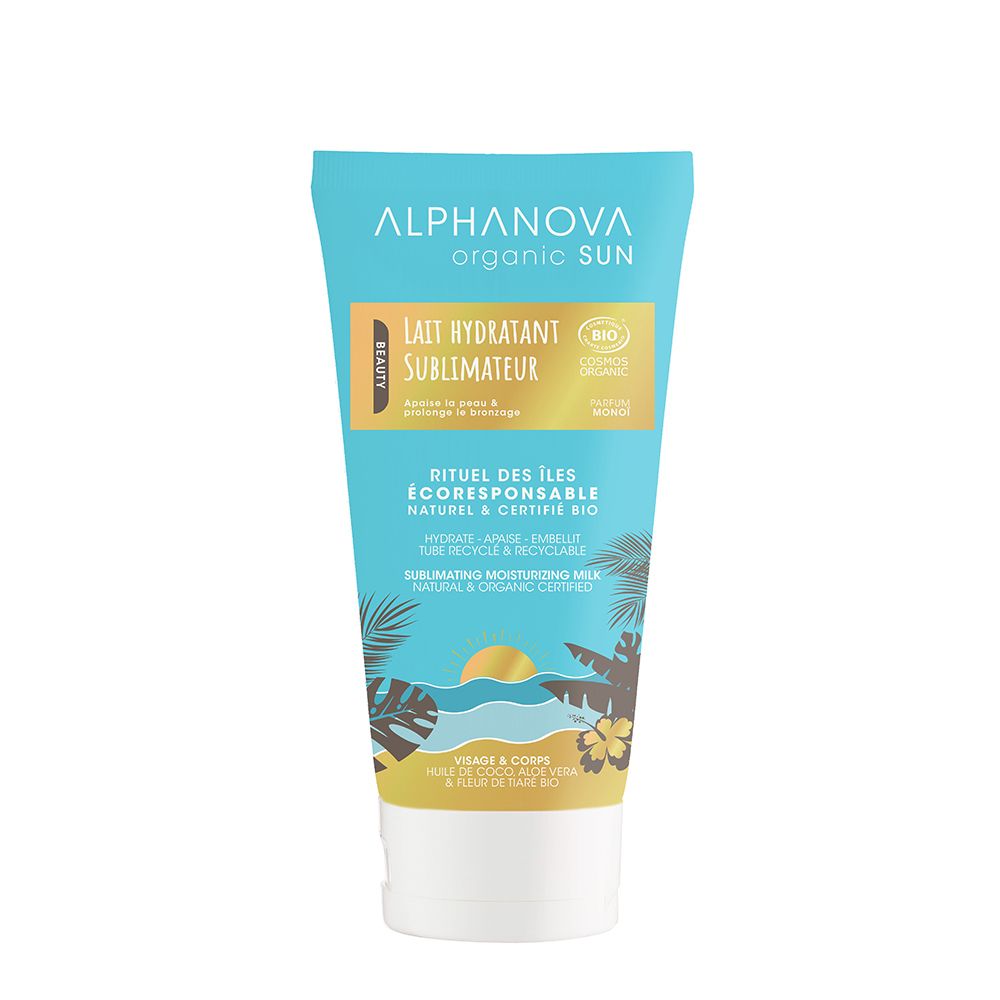 Tube turquoise avec inscriptions. Inscriptions: ALPHANOVA organic SUN, Lait Hydratant Sublimateur, certification BIO. Illustration: motif de plage.