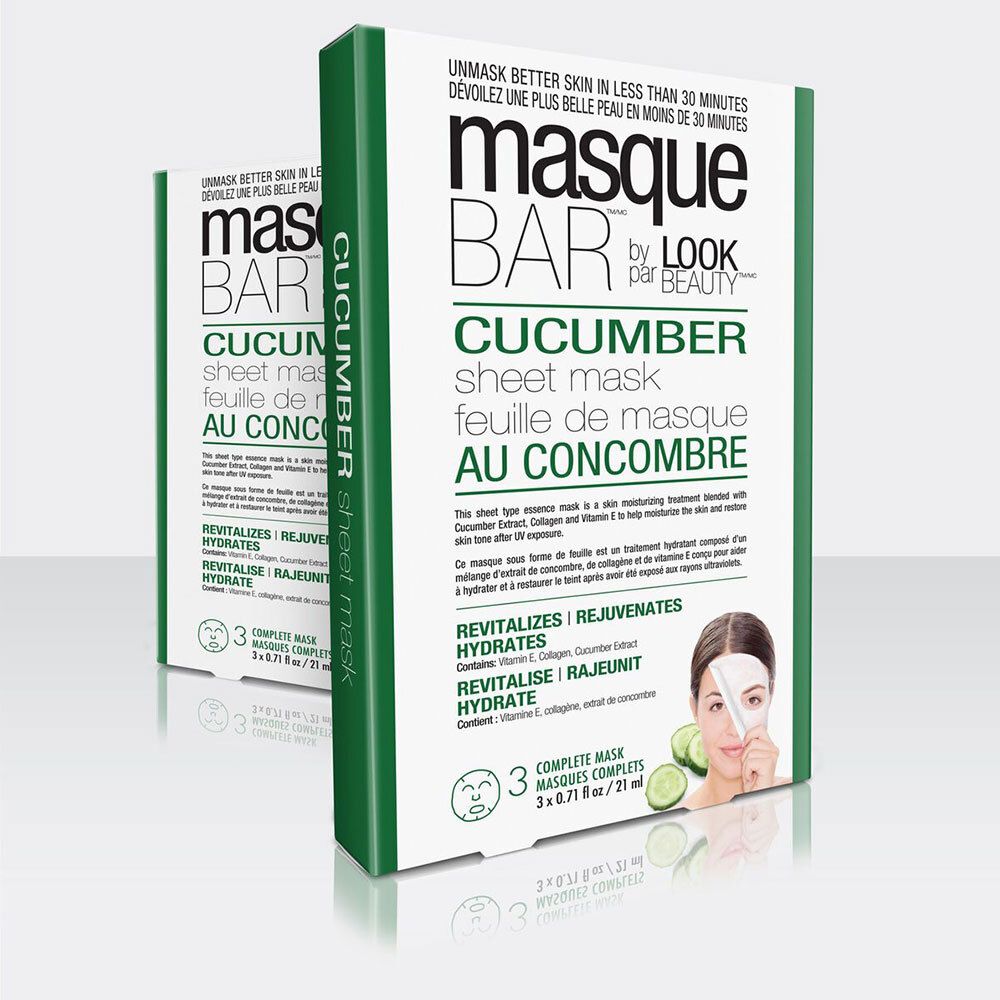 Deux boîtes de Masque BAR Cucumber Sheet Mask. Emballage vert et blanc. Texte: Revitalise, rajeunit, hydrate.
