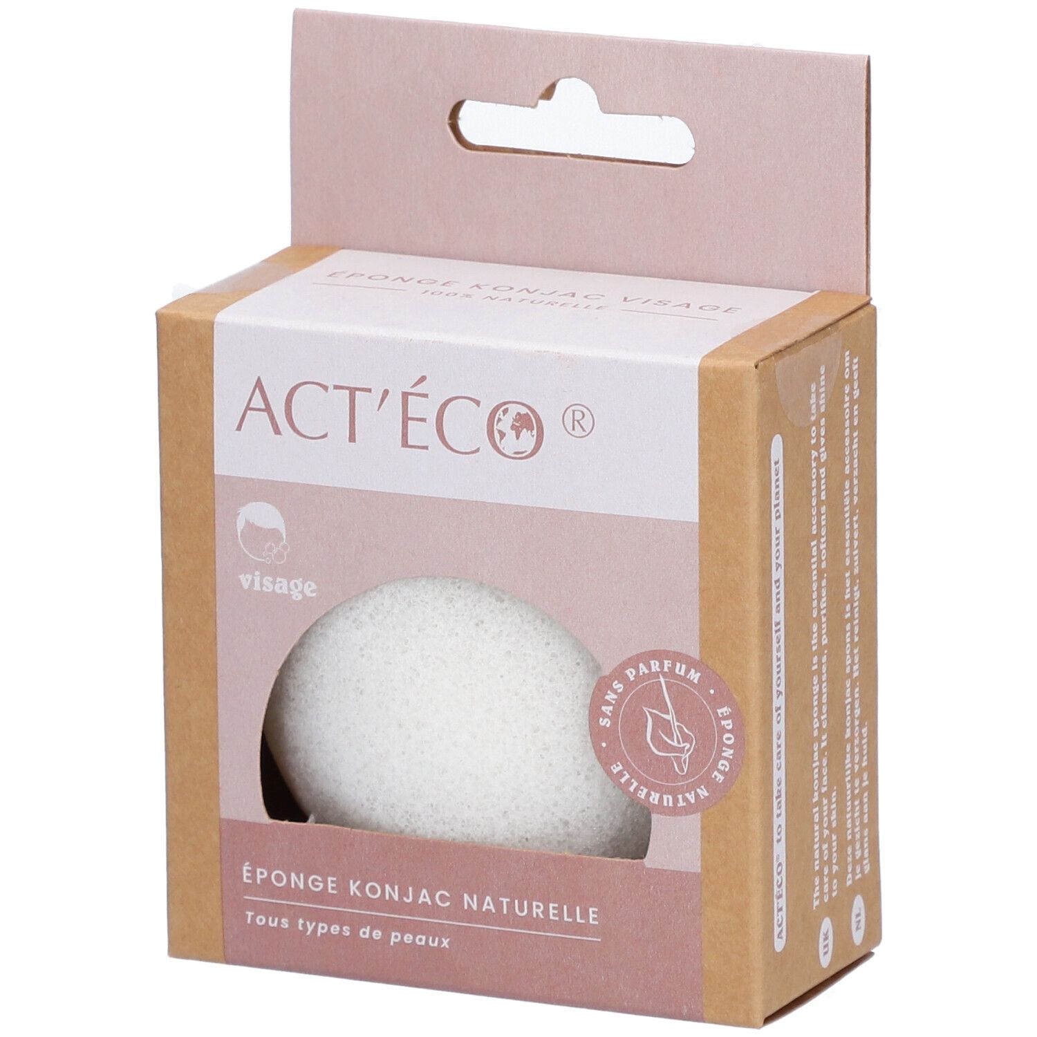 Éponge Konjac visage dans emballage carton. Visible: nom du produit, logo, 'Tous types de peaux'.