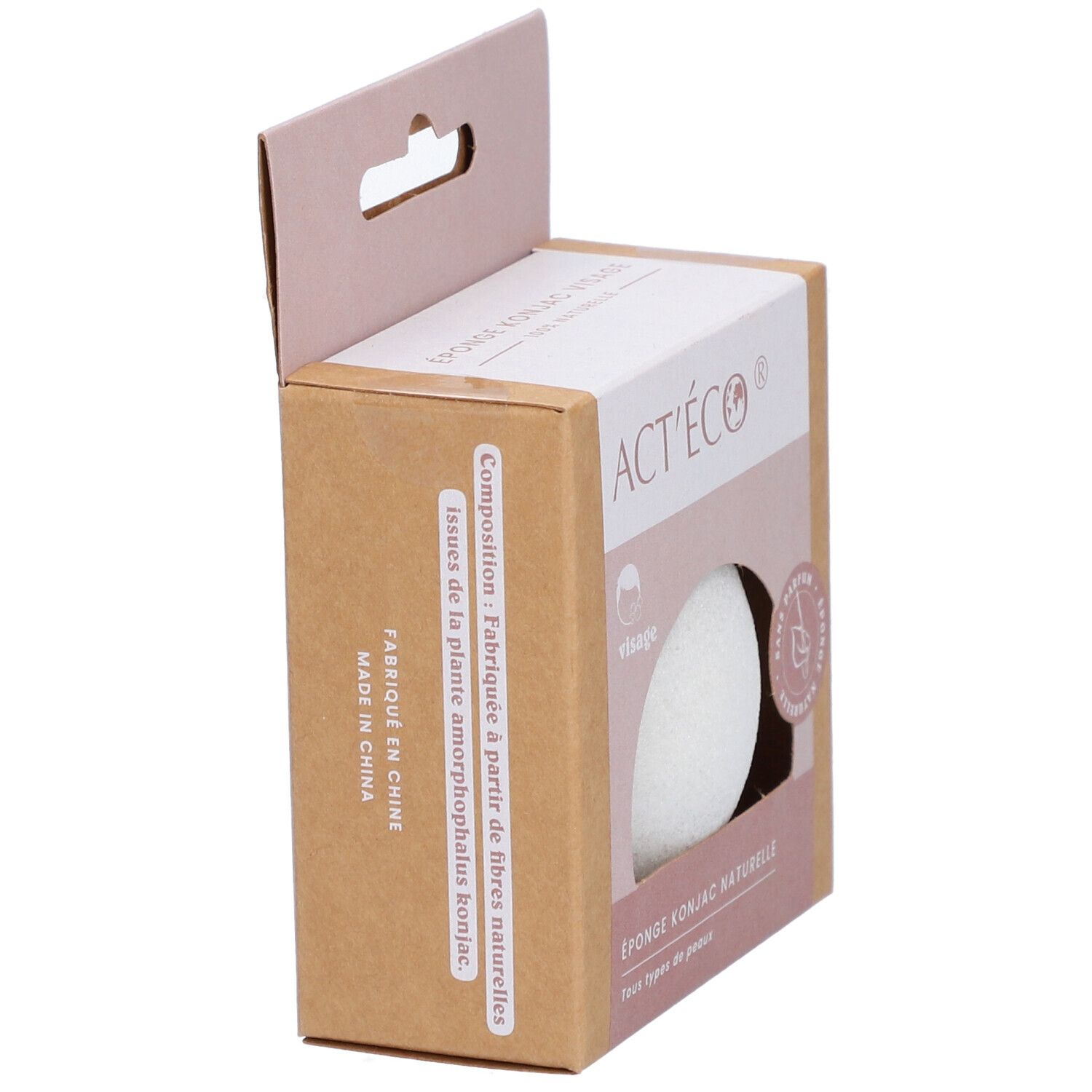 Emballage carton avec éponge Konjac visage. Visible: nom du produit, logo, 'Fabriqué en Chine'.