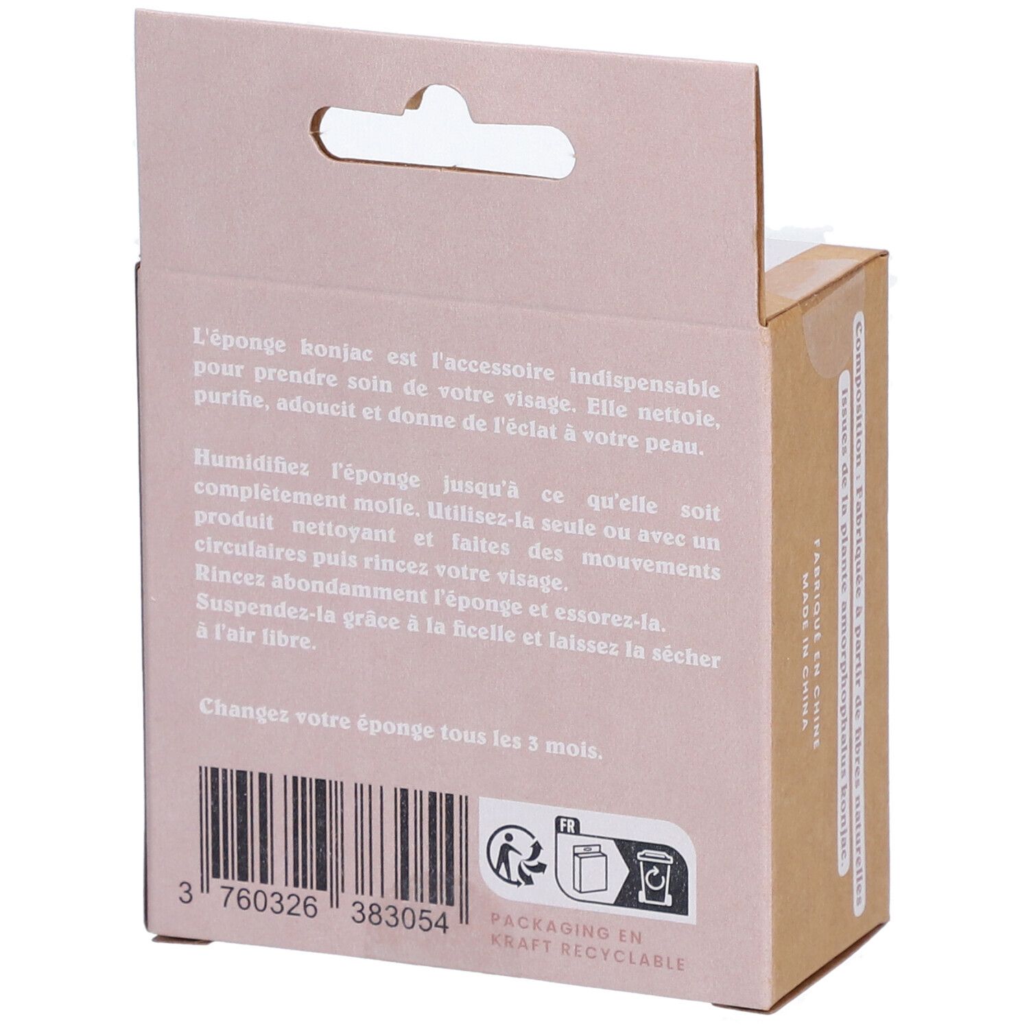Dos de l'emballage carton. Texte: instructions d'utilisation, symbole de recyclage, code-barres.
