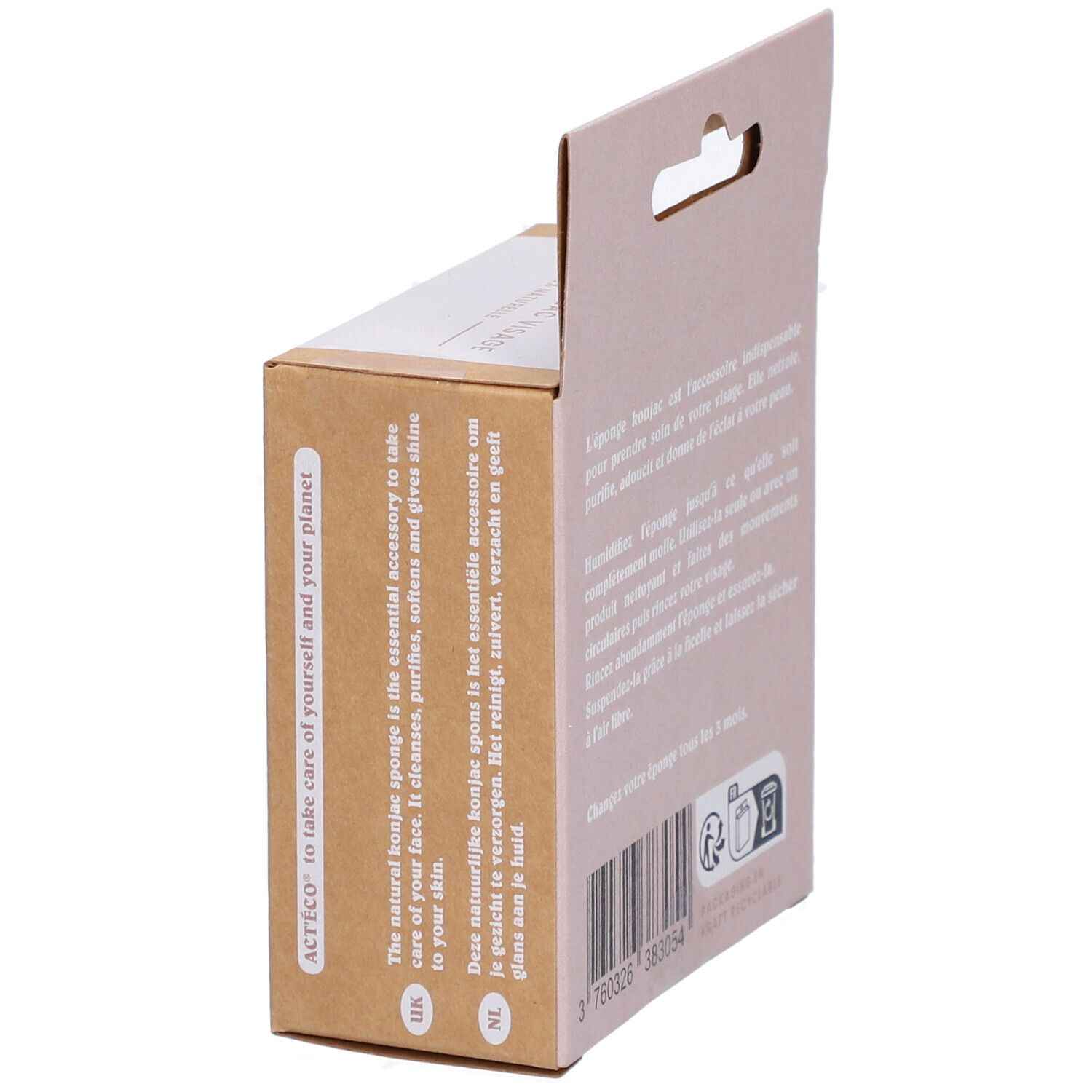 Emballage carton avec texte en anglais et néerlandais. Code-barres et symbole de recyclage.