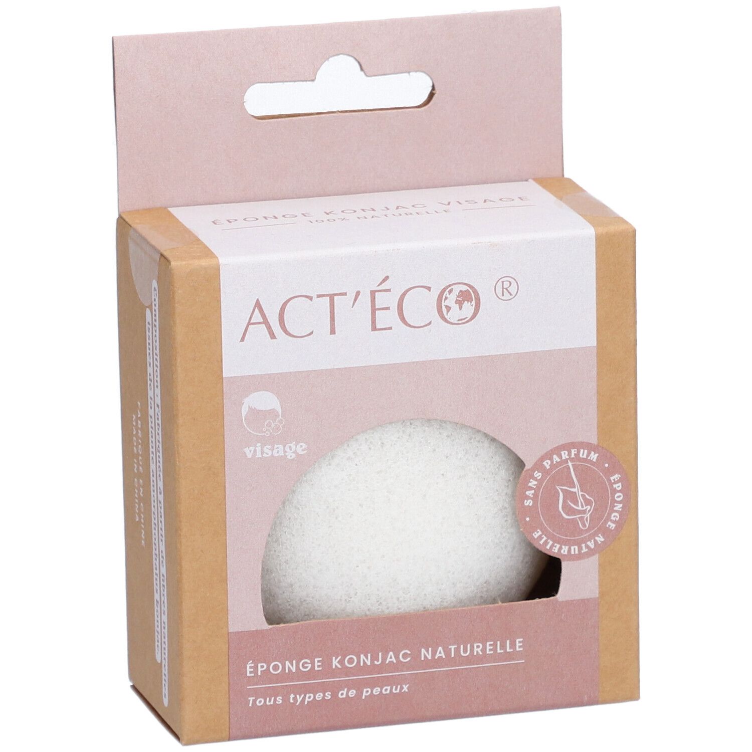 Éponge Konjac visage dans emballage carton. Visible: nom du produit, logo, 'Sans parfum'.