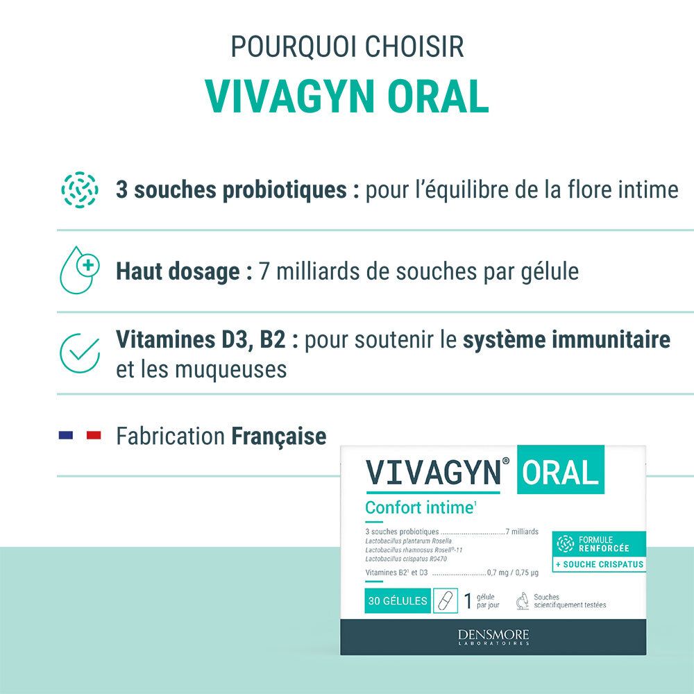 Boîte Vivagyn® Oral. Contient 30 gélules. Inscription : Confort intime. Avec 3 souches probiotiques et vitamines.