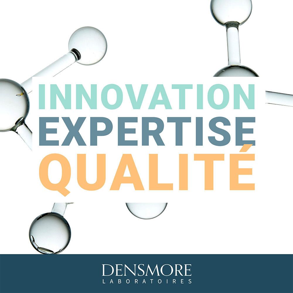 Mots INNOVATION EXPERTISE QUALITÉ sur fond blanc. Logo DENS MORE Laboratoires.