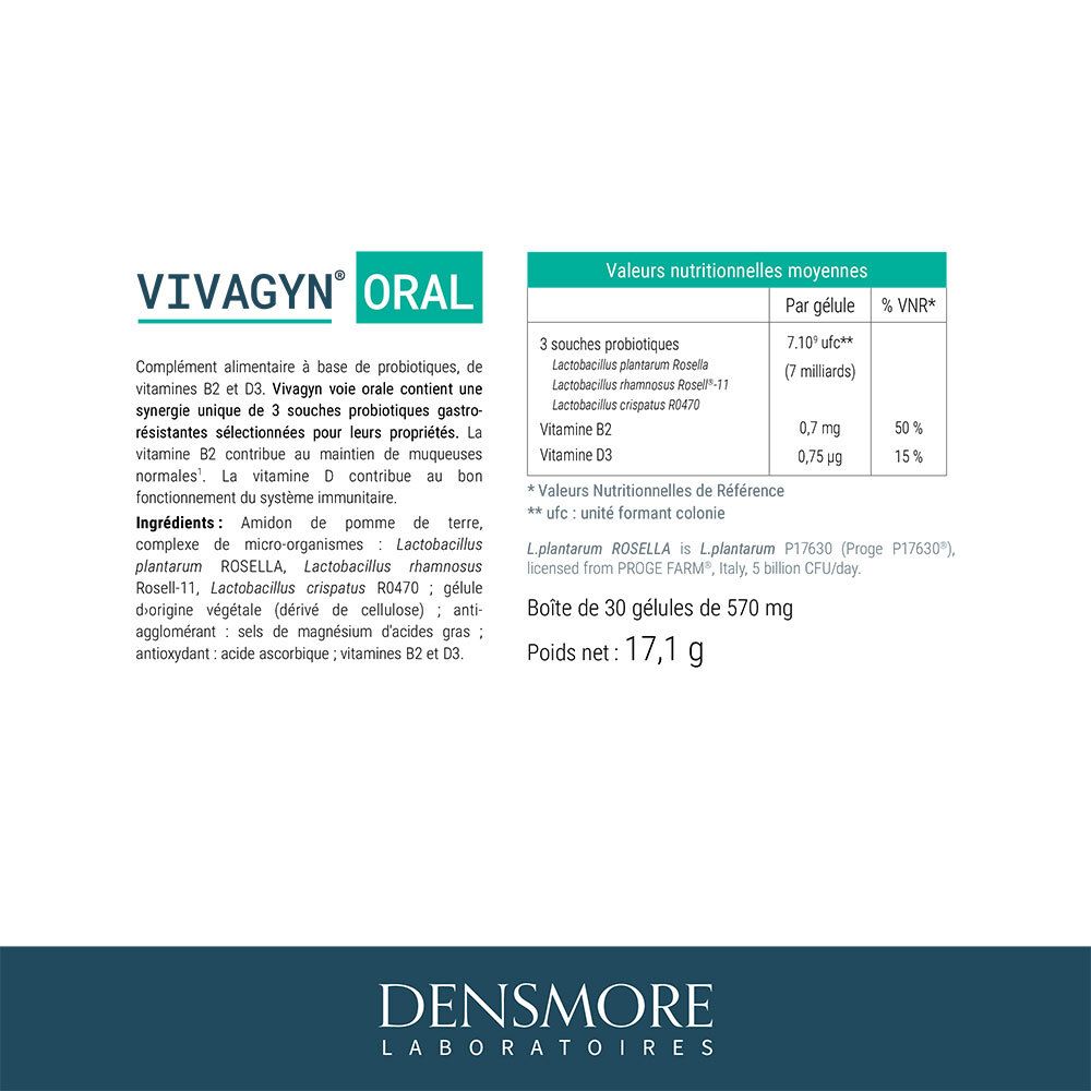 Boîte Vivagyn® Oral. Contient 30 gélules. Informations nutritionnelles. Ingrédients : 3 souches probiotiques, vitamines B2 et D3.
