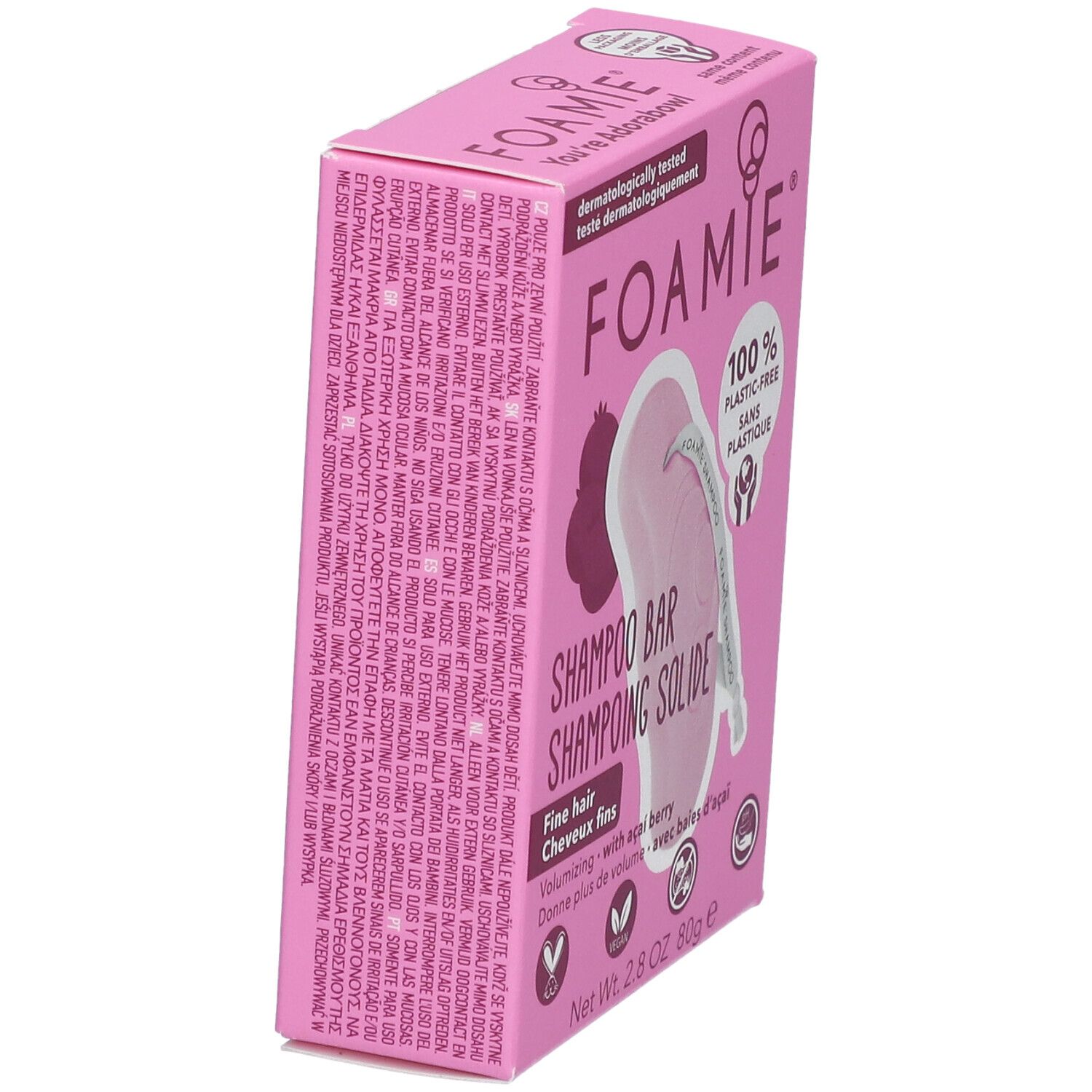 Boîte rose avec informations produit. Inscription: FOAMIE, Shampooing solide, 100% sans plastique. Pour cheveux fins, avec baie d'açaï.