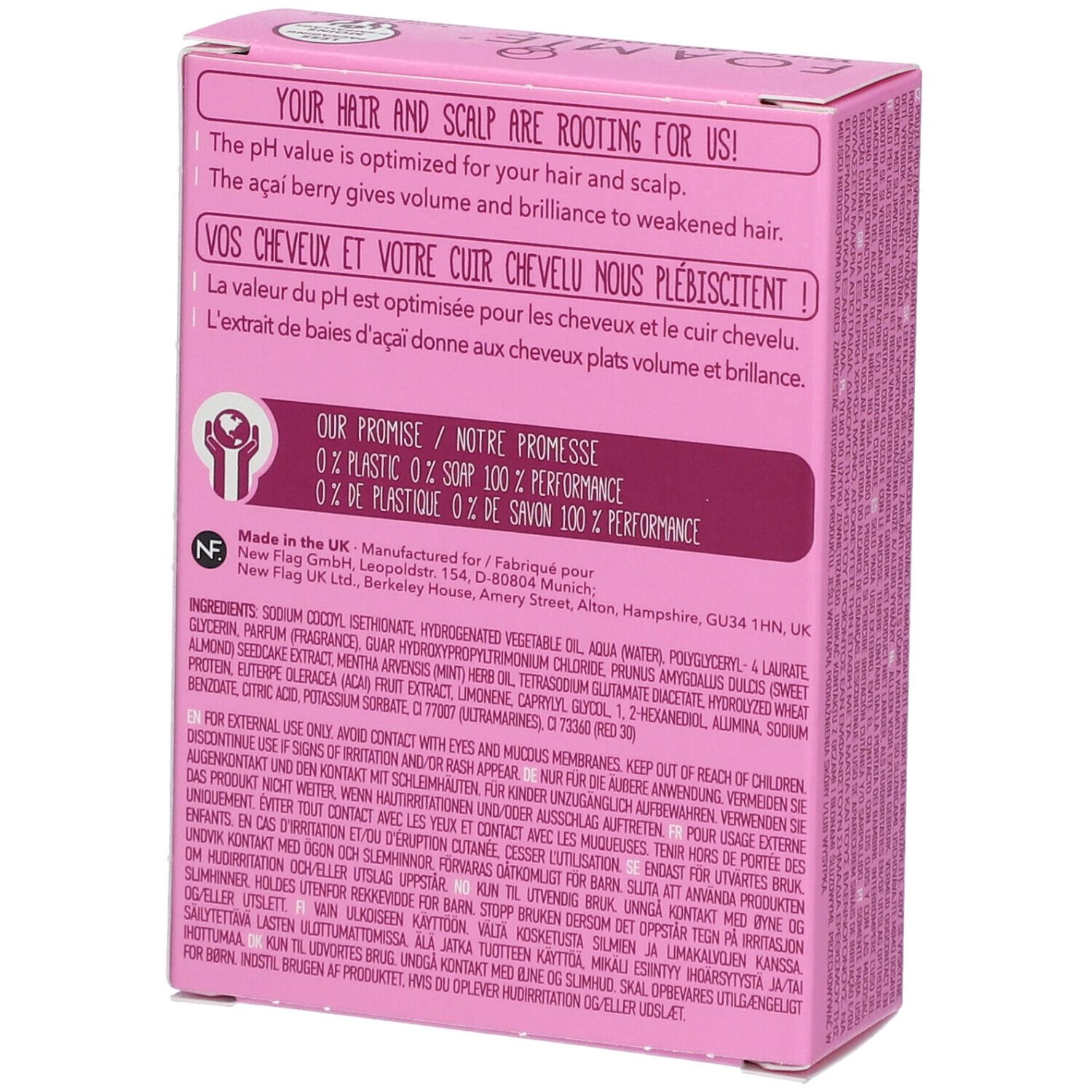 Dos de la boîte rose. Texte: pH optimisé pour cheveux et cuir chevelu. Ingrédients, adresse fabricant, labels de qualité.