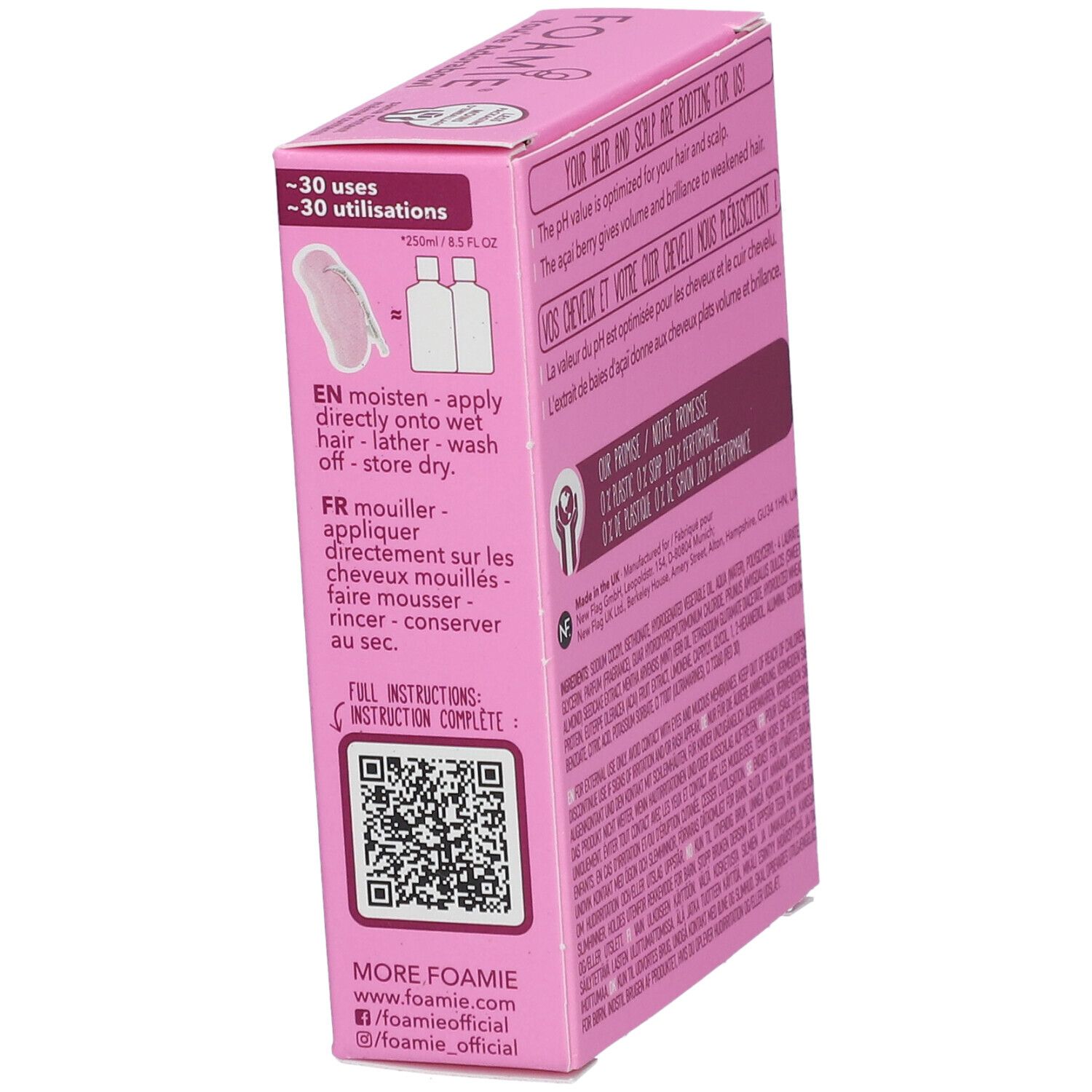 Boîte rose, vue latérale. Texte: instructions d'utilisation, QR code, environ 30 utilisations. Nom de marque FOAMIE, icônes réseaux sociaux.
