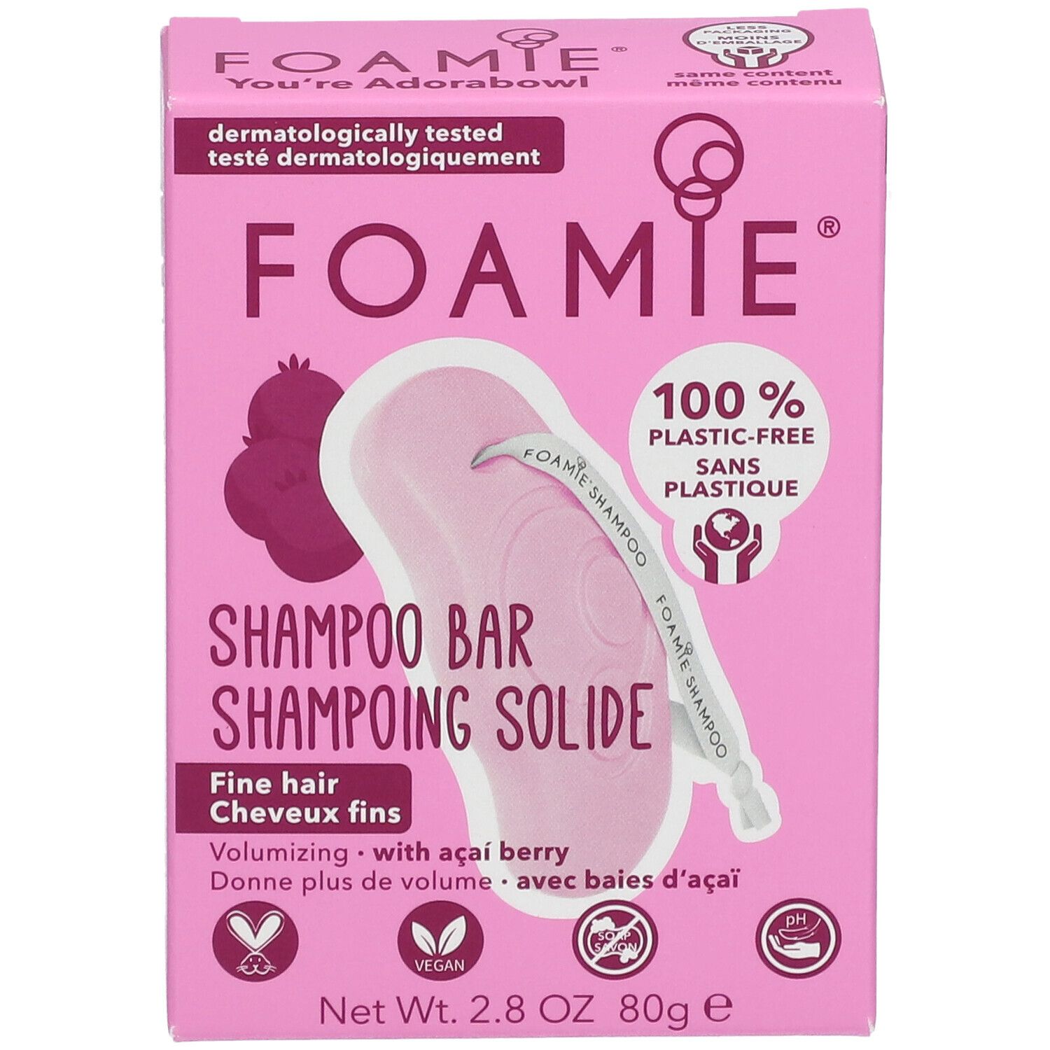 Boîte rose avec informations produit. Inscription: FOAMIE, Shampooing solide, 100% sans plastique. Pour cheveux fins, avec baie d'açaï.