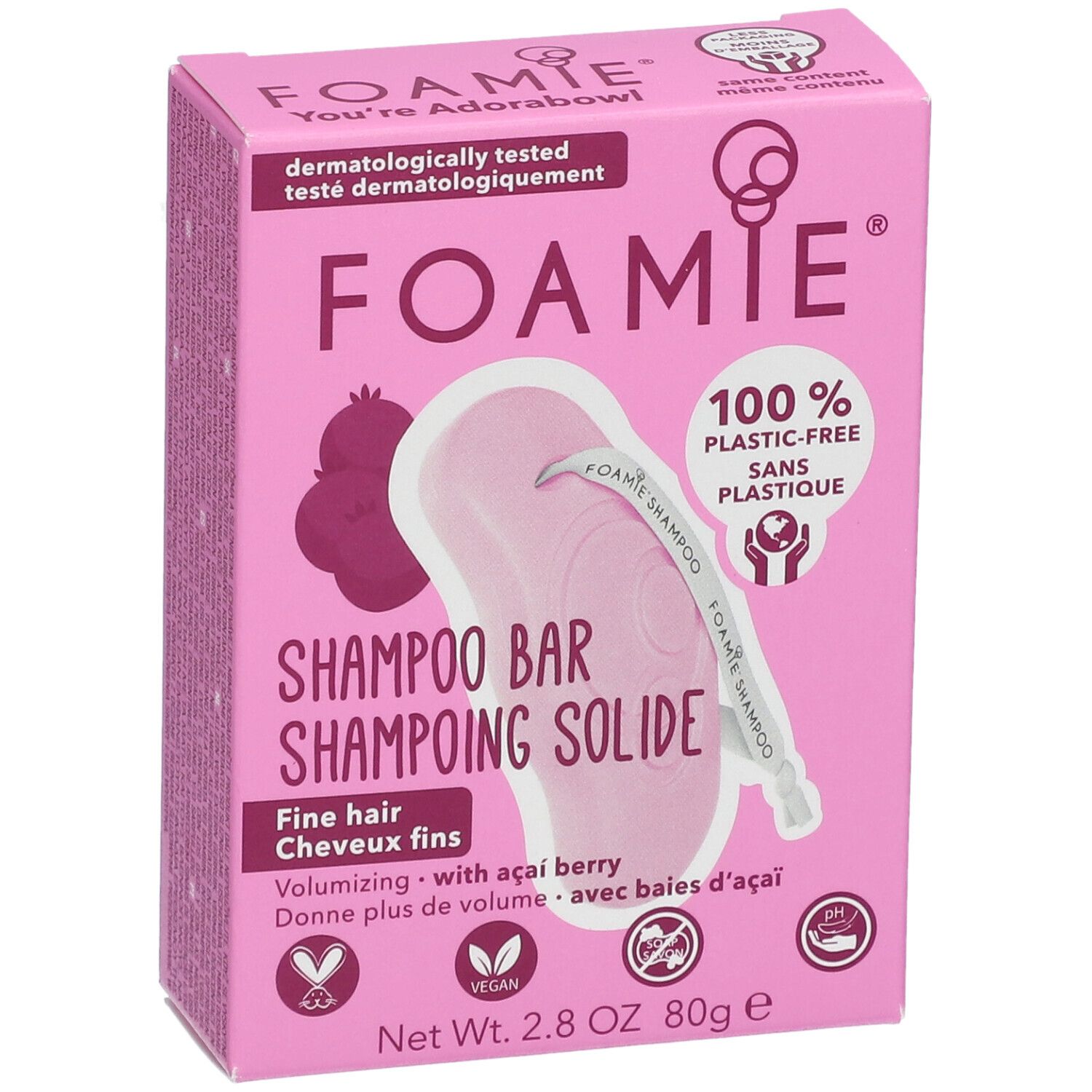 Boîte rose avec informations produit. Inscription: FOAMIE, Shampooing solide, 100% sans plastique. Pour cheveux fins, avec baie d'açaï.