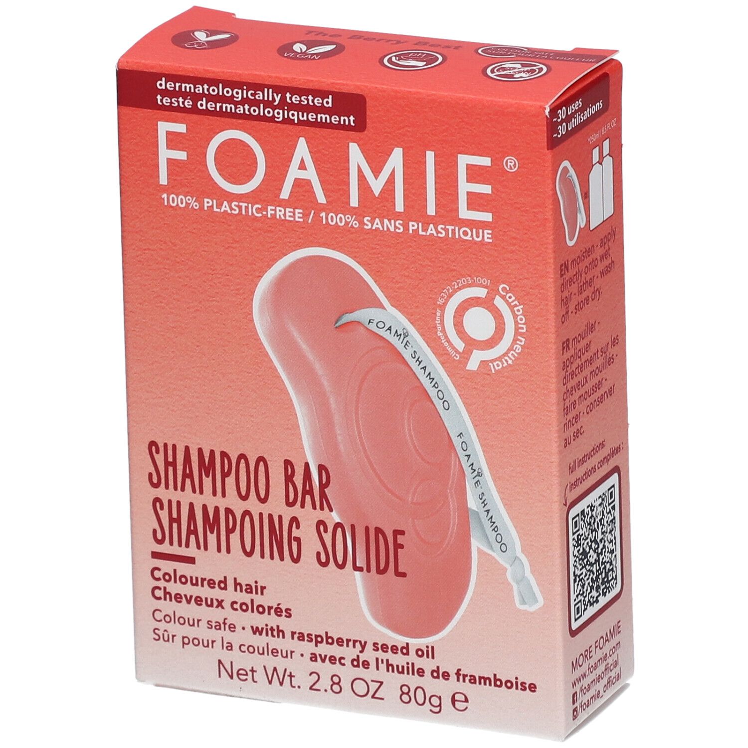 Boîte rouge avec Shampooing Solide. Inscription : FOAMIE, Shampooing Solide, pour cheveux colorés. Contient de l'huile de framboise.