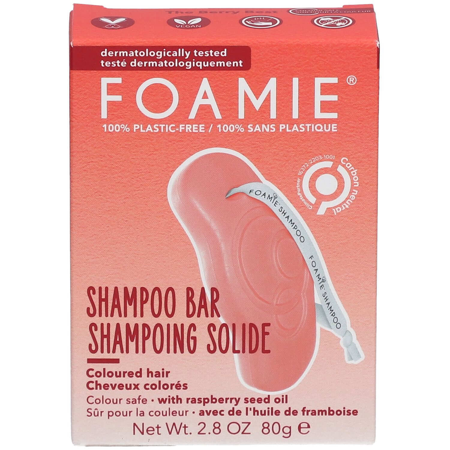 Boîte rouge avec Shampooing Solide. Inscription : FOAMIE, Shampooing Solide, pour cheveux colorés. Contient de l'huile de framboise. Vue de dessus.