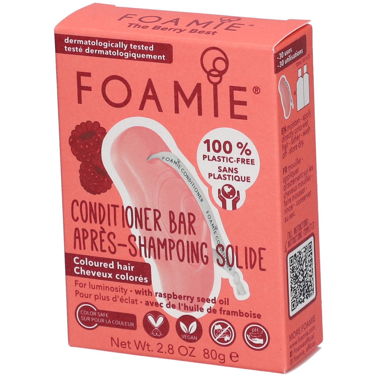 Emballage en carton rose. Inscriptions : FOAMIE, Après-Shampoing Solide, 100% sans plastique. Contient de l'huile de graines de framboise.