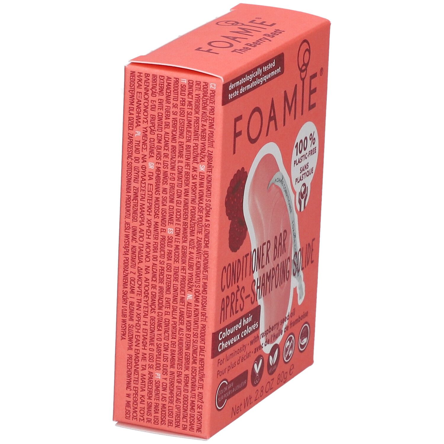 Boîte en carton rose en biais. Inscriptions : FOAMIE, Après-Shampoing Solide, 100% sans plastique. Contient de l'huile de graines de framboise. Vegan.