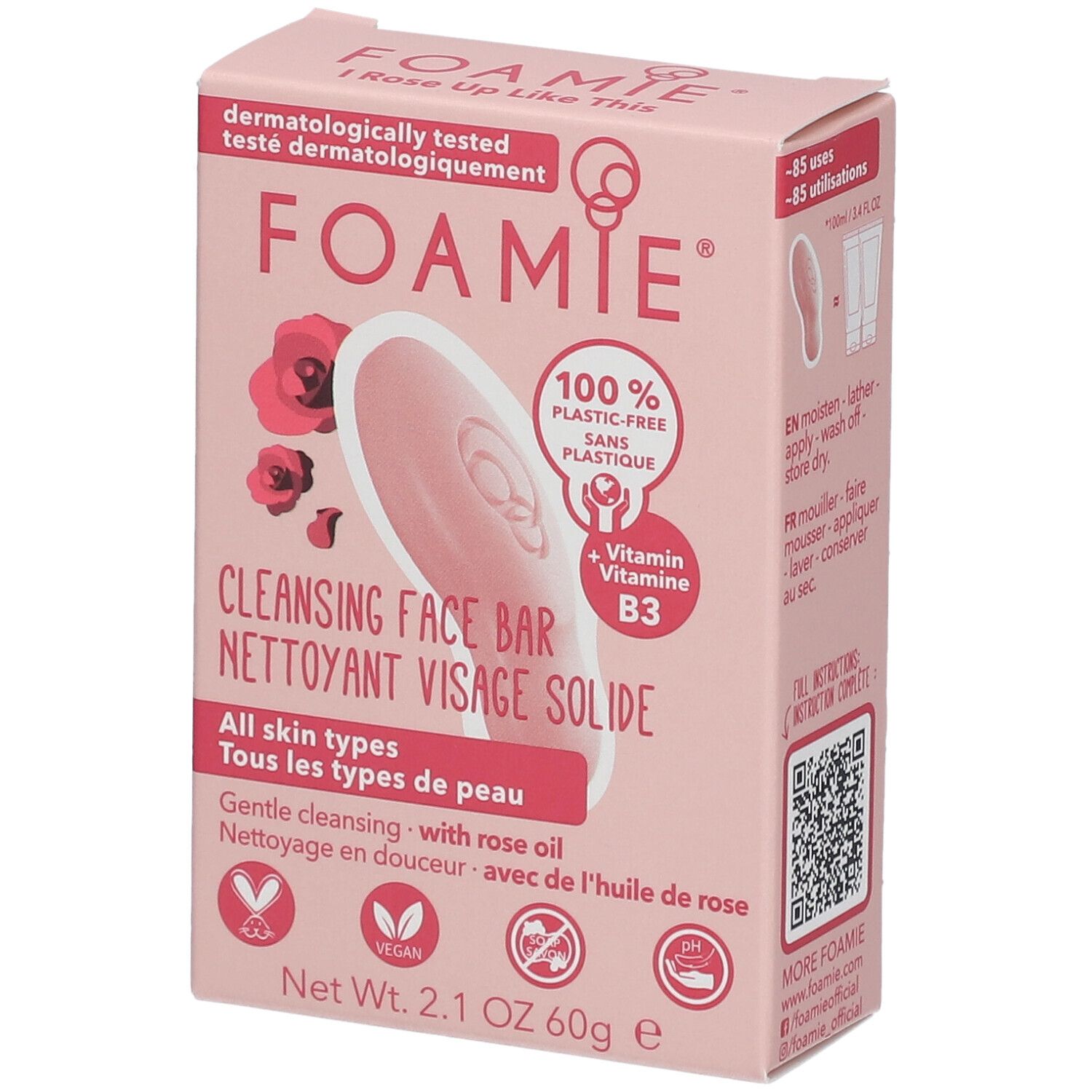 Boîte rose avec produit et texte FOAMIE. Inscription : Cleansing Face Bar. Végétalien, 100% sans plastique.